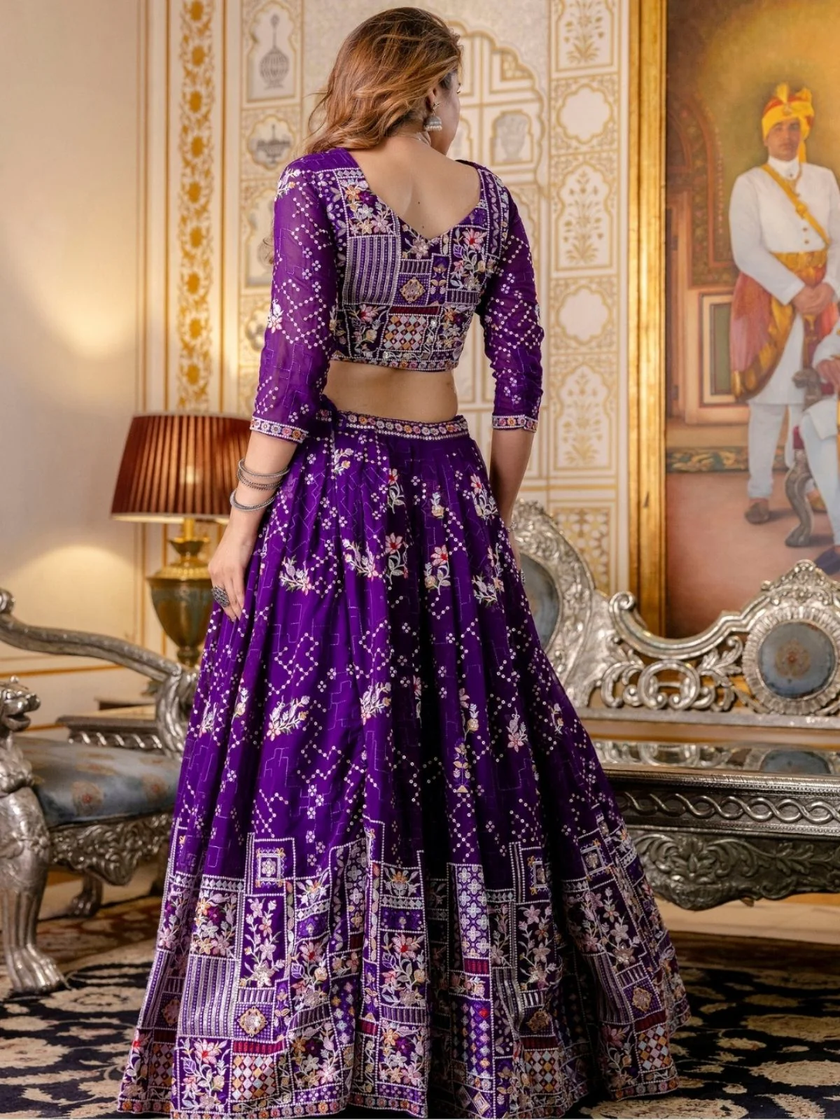 Odette Violet Georgette Embroidered Lehenga For Women - Image 3