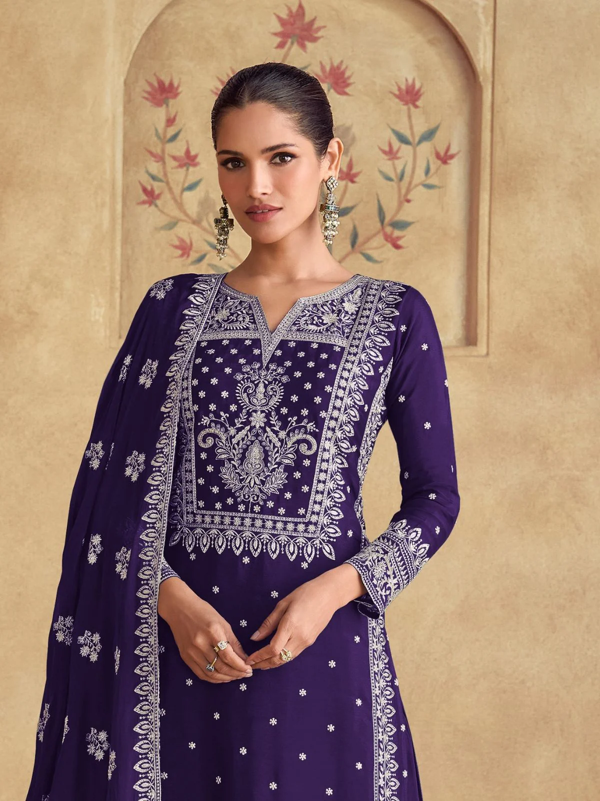 Odette Violet Georgette Embroidered Semi-Stitched Kurta Set For Women - Image 2