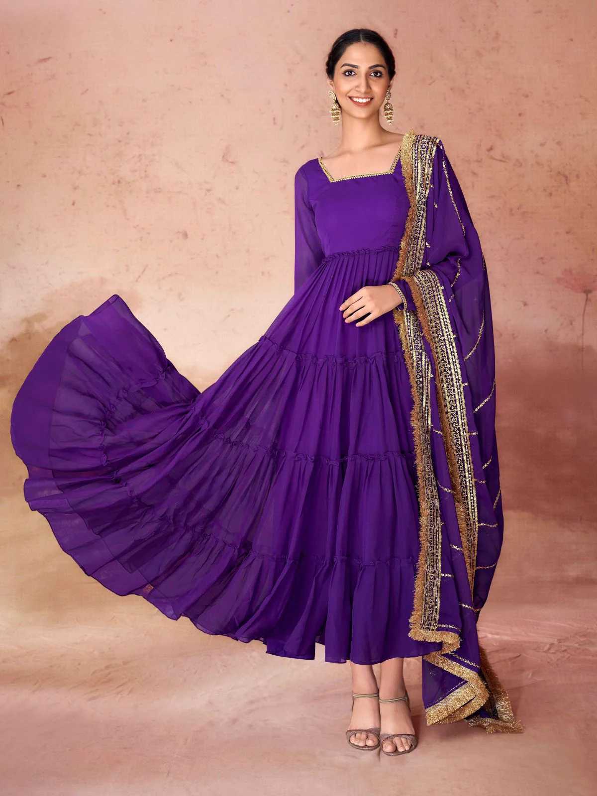 Odette Purple Georgette Embroidered Stitched Gown For Women - Image 2