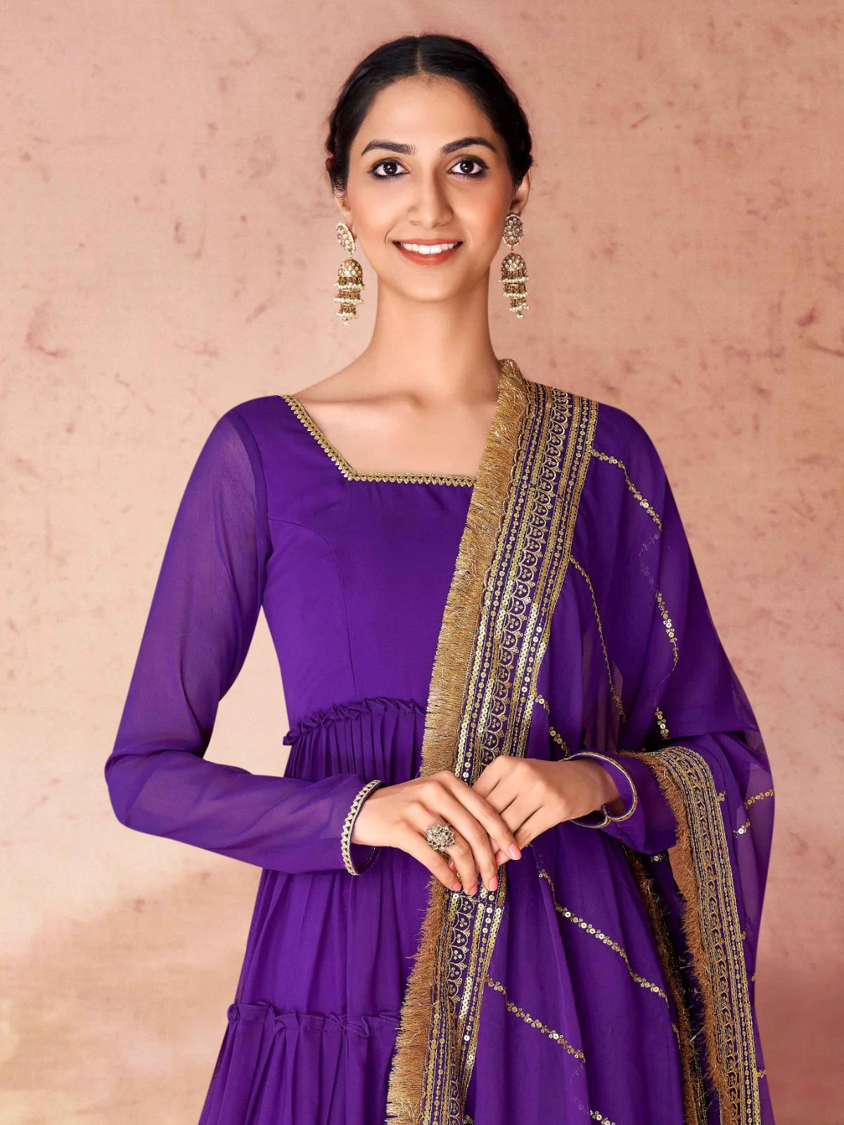 Odette Purple Georgette Embroidered Stitched Gown For Women - Image 4