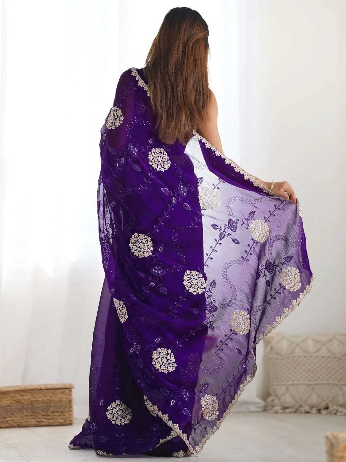 Odette Violet Organza Embroidered Solid Saree For Women - Image 2