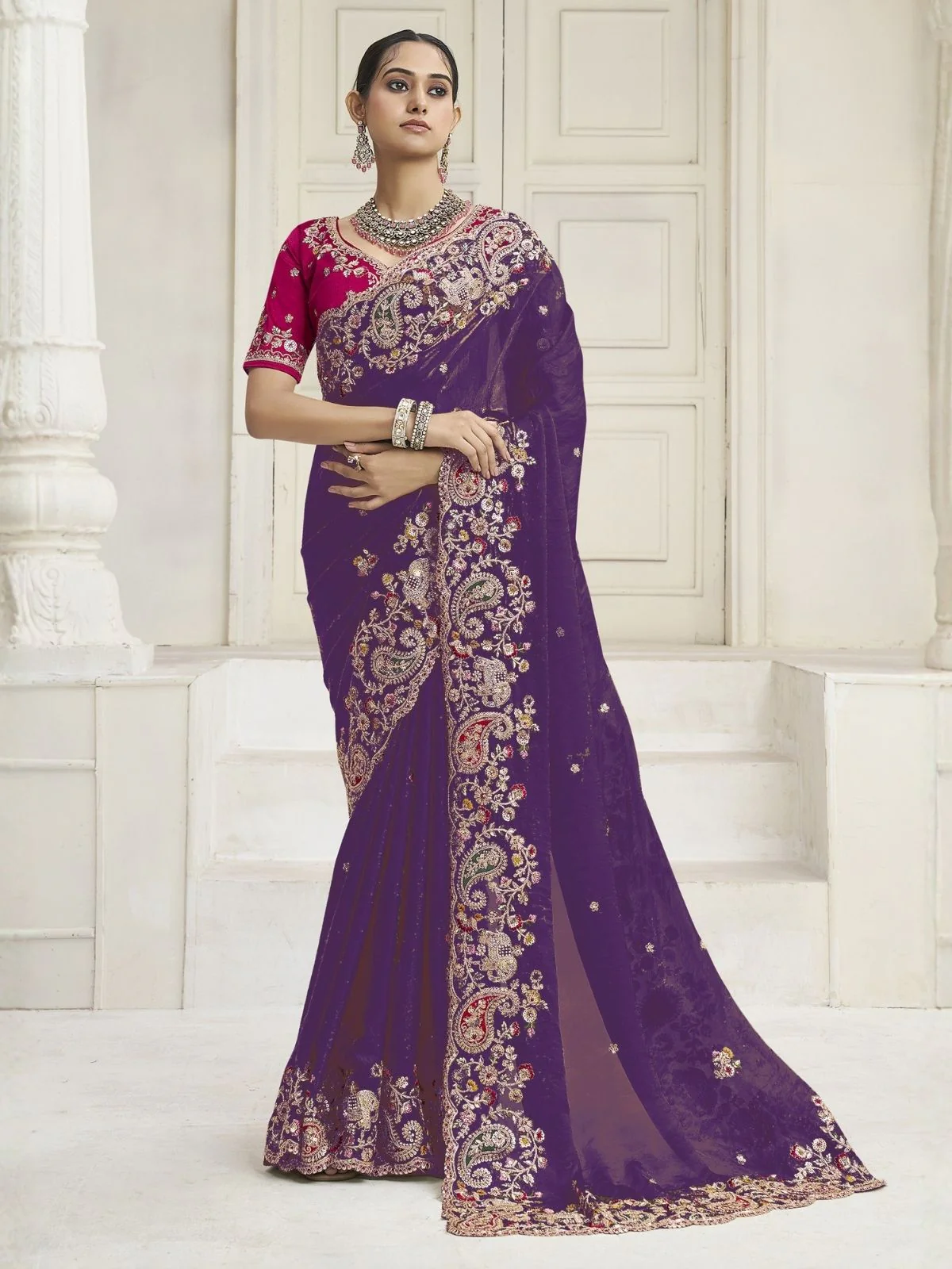 Odette Violet Satin Embroidered Saree For Women