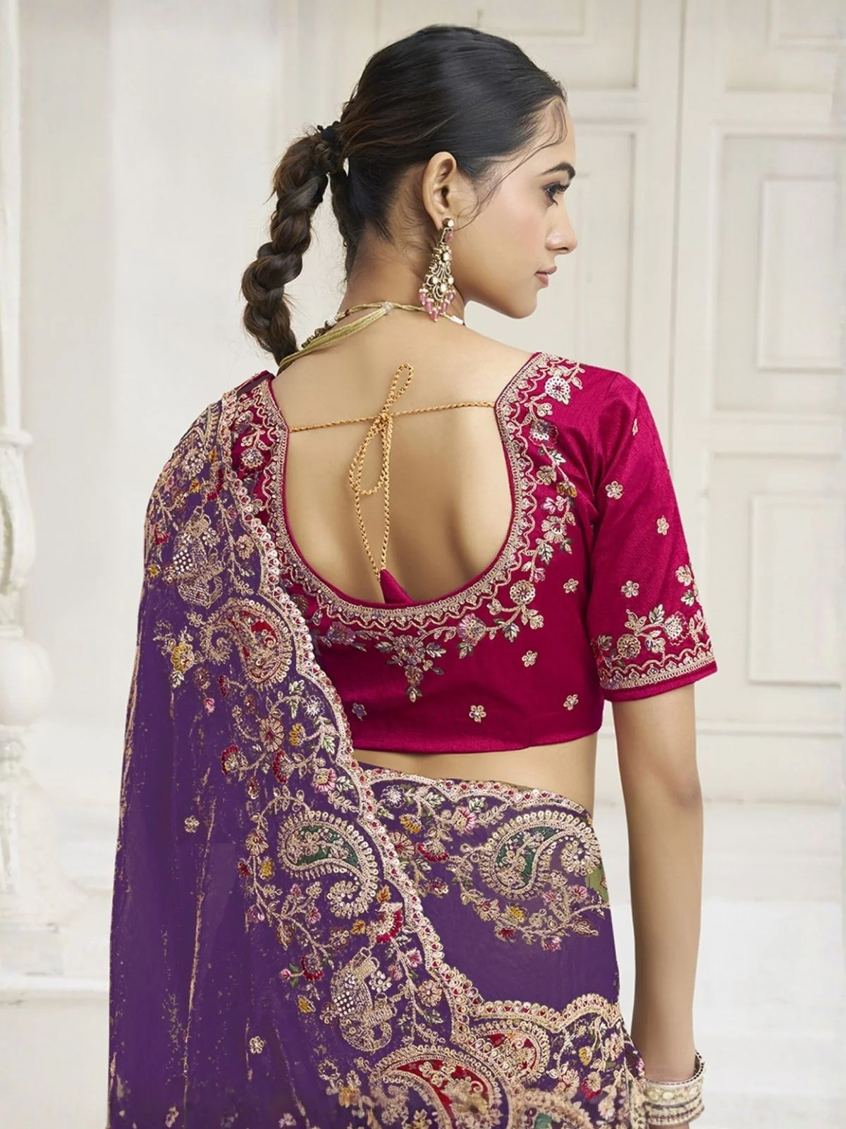 Odette Violet Satin Embroidered Saree For Women - Image 3