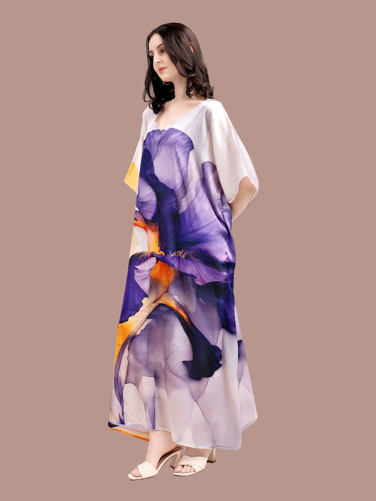 Odette Violet Satin Printed Kaftan For Women - Image 2