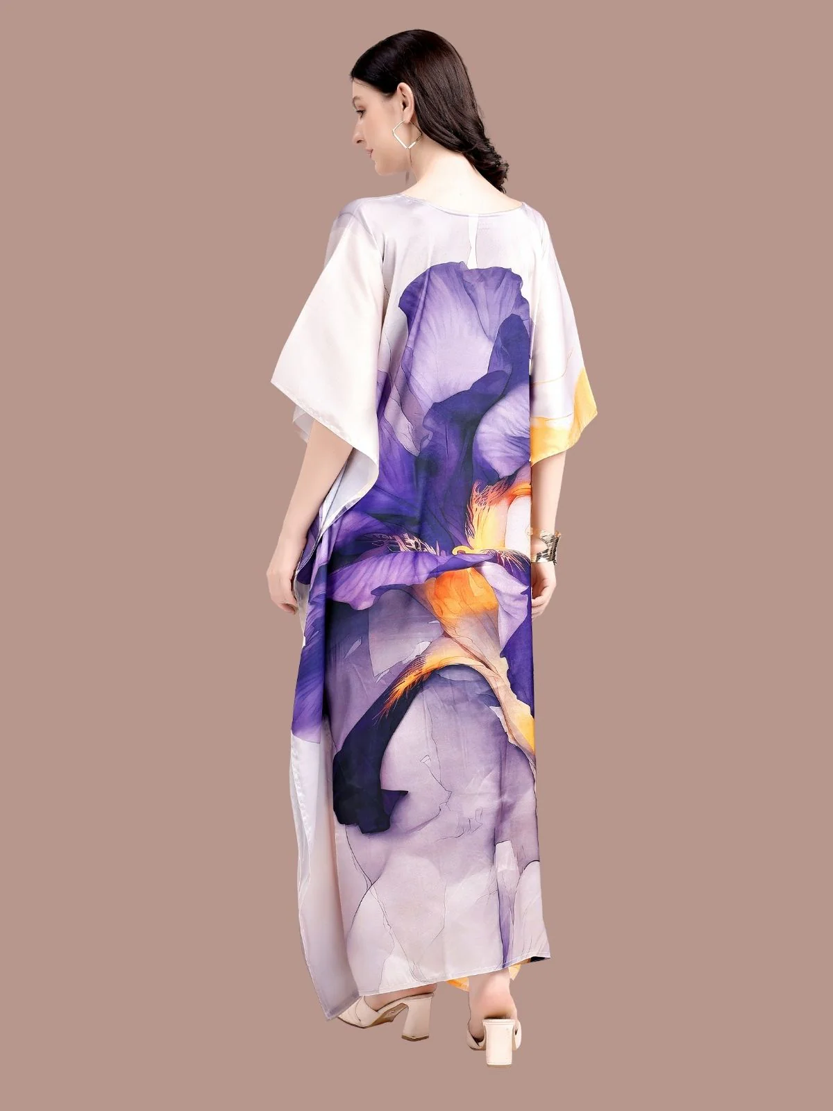 Odette Violet Satin Printed Kaftan For Women - Image 3