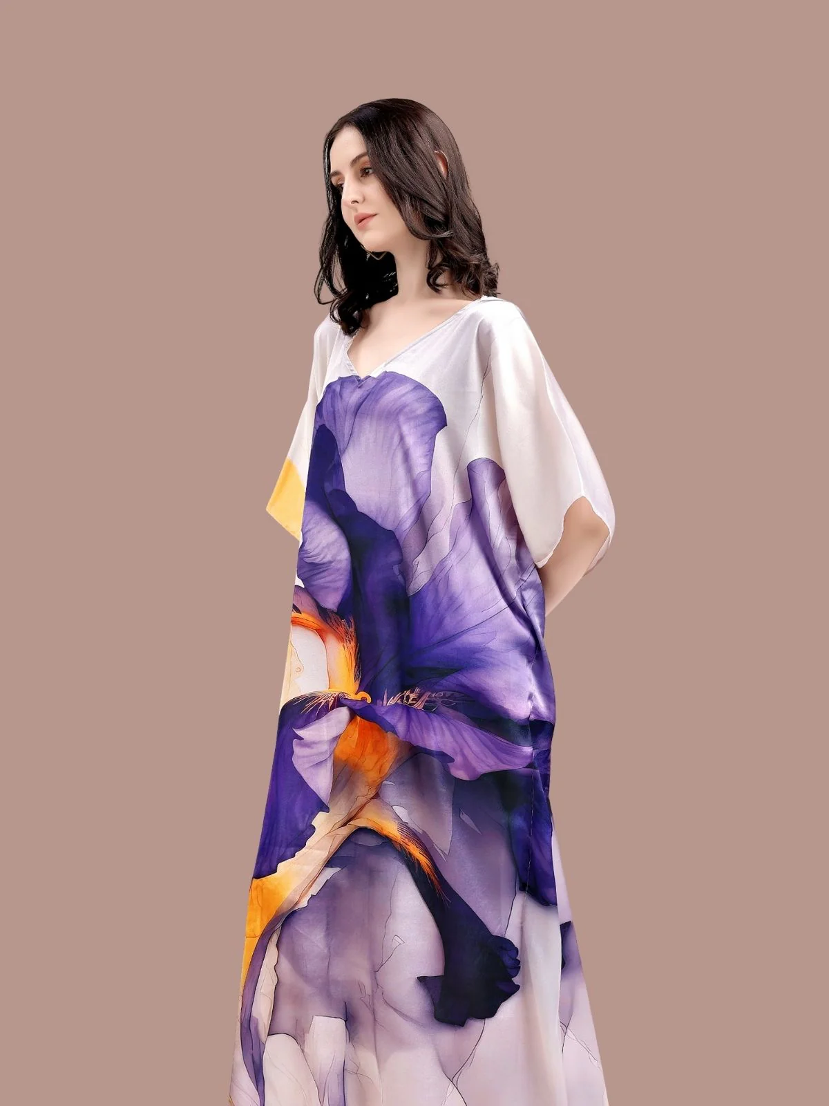 Odette Violet Satin Printed Kaftan For Women - Image 4