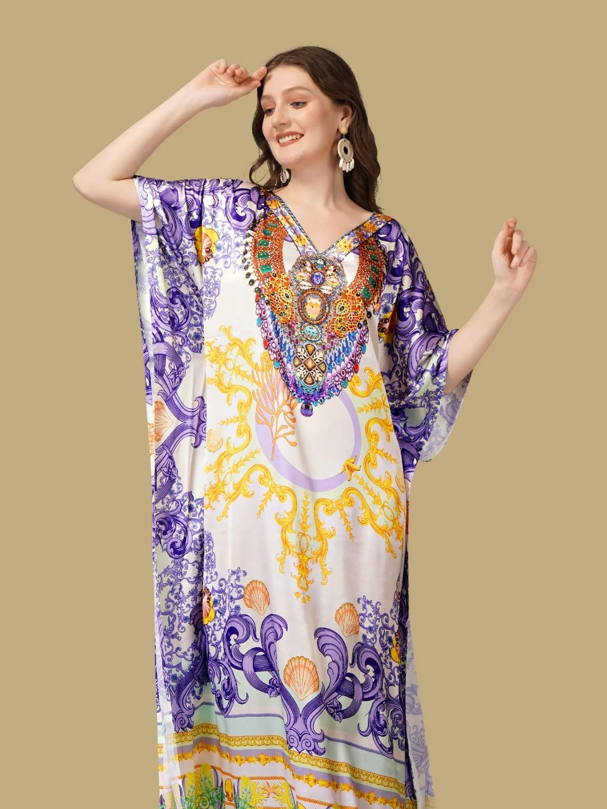Odette Violet Satin Printed Kaftan For Women - Image 4