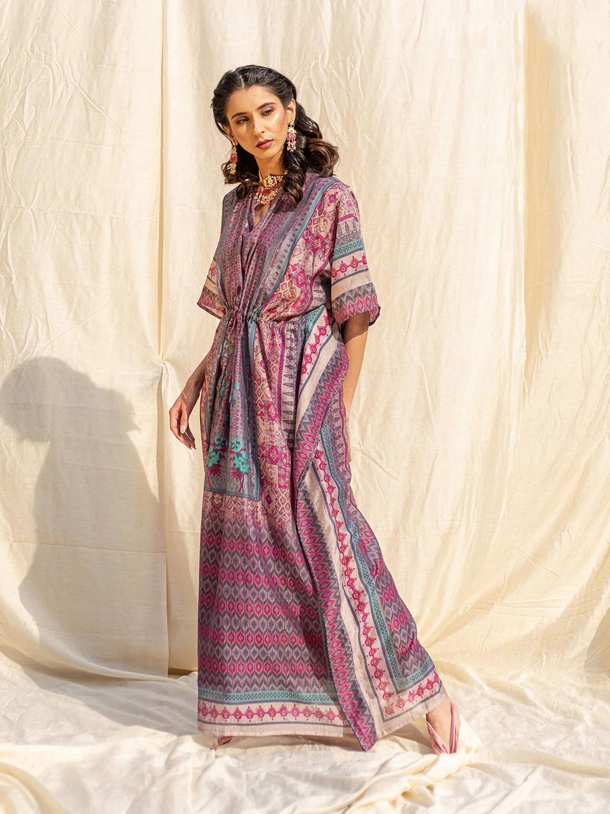 Odette Violet Silk Printed Stitched Indo Western Kaftan For Women - Image 3