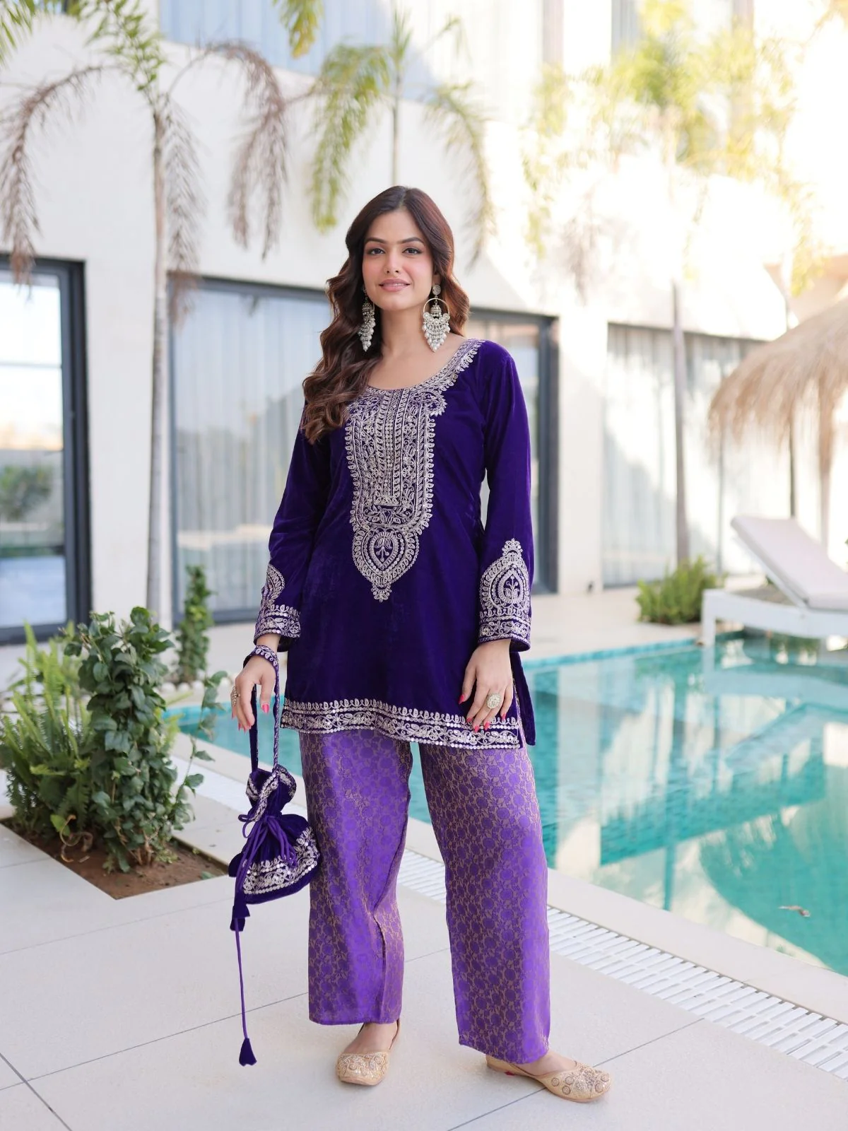 Odette Violet Velvet Embroidered Kurta Set For Women