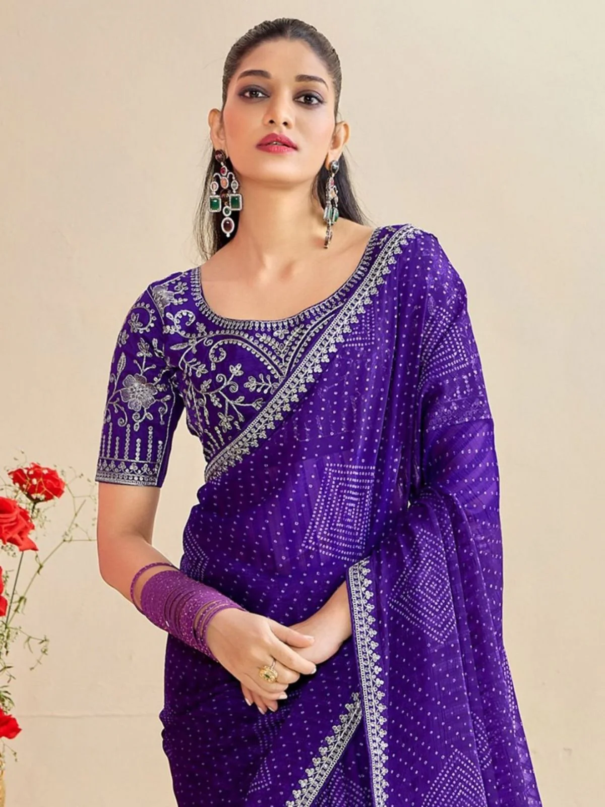 Odette Voilet Chiffon Embellished Saree For Women - Image 3