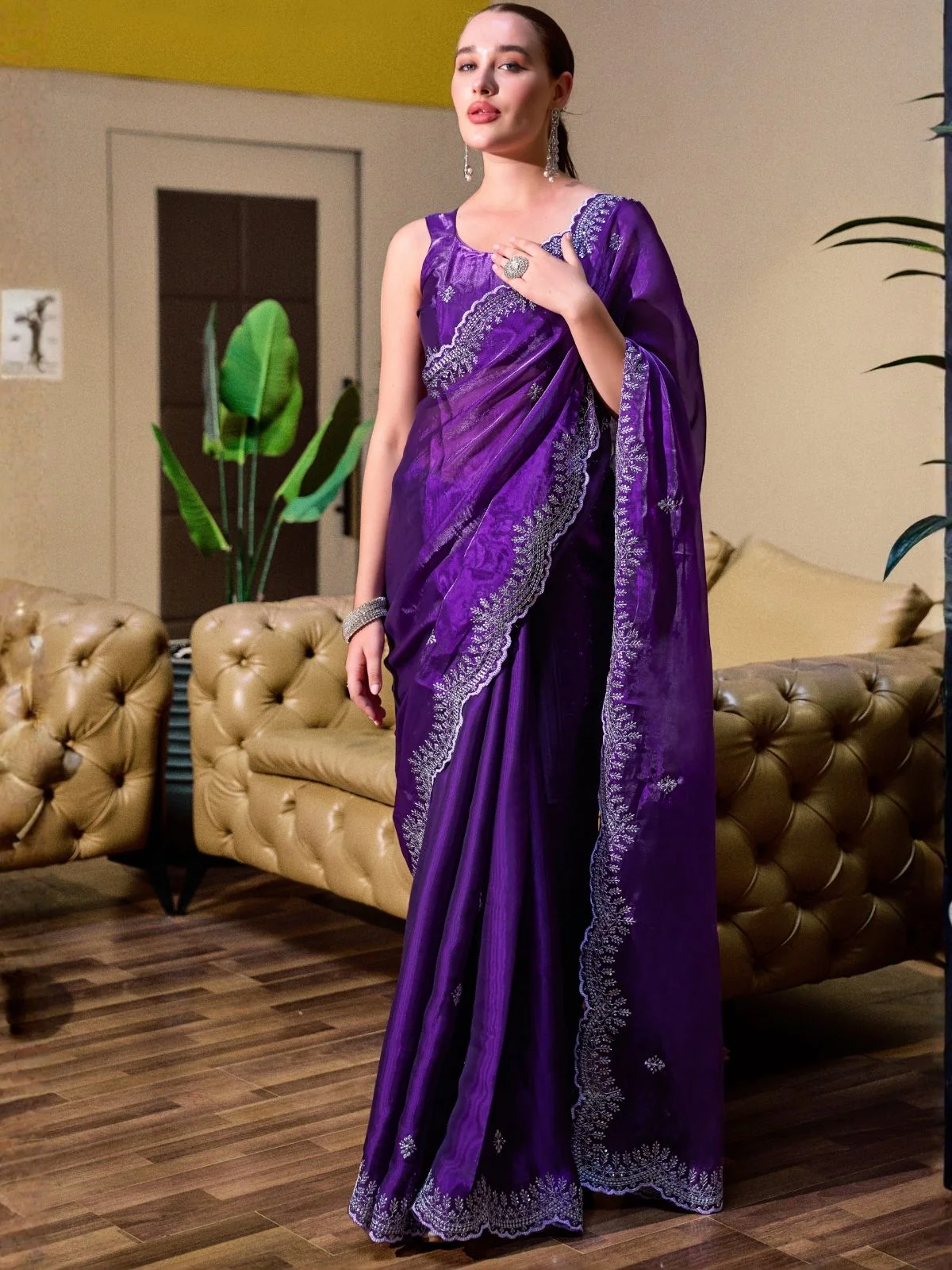 Odette Voilet Chiffon Embellished Saree For Women