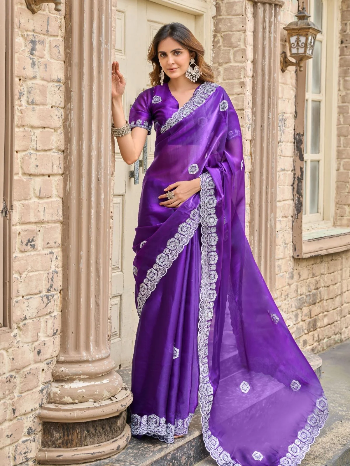 Odette Voilet Chiffon Embellished Saree For Women