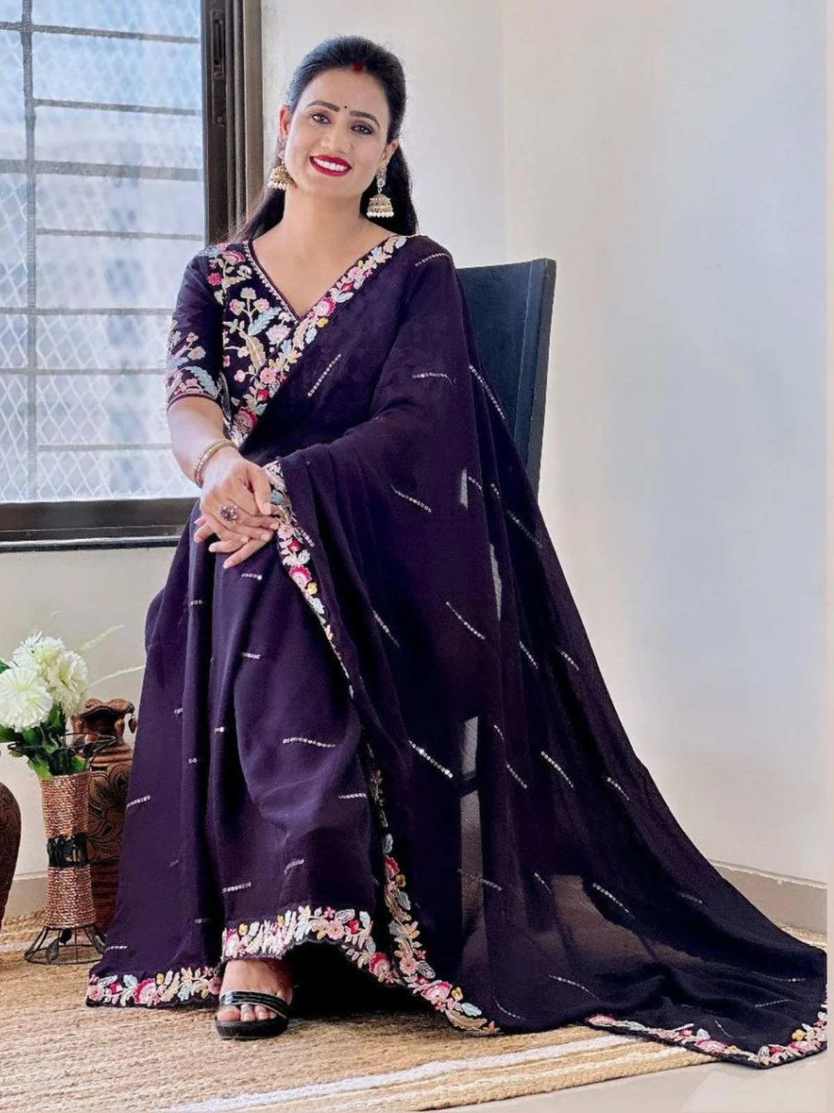 Odette Violet Embroidered Silk Blend Saree With Stitched Blouse For Women - Image 2