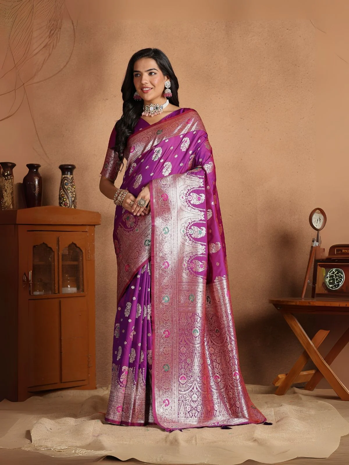 Odette Voilet Silk Blend Woven Elegant Saree For Women