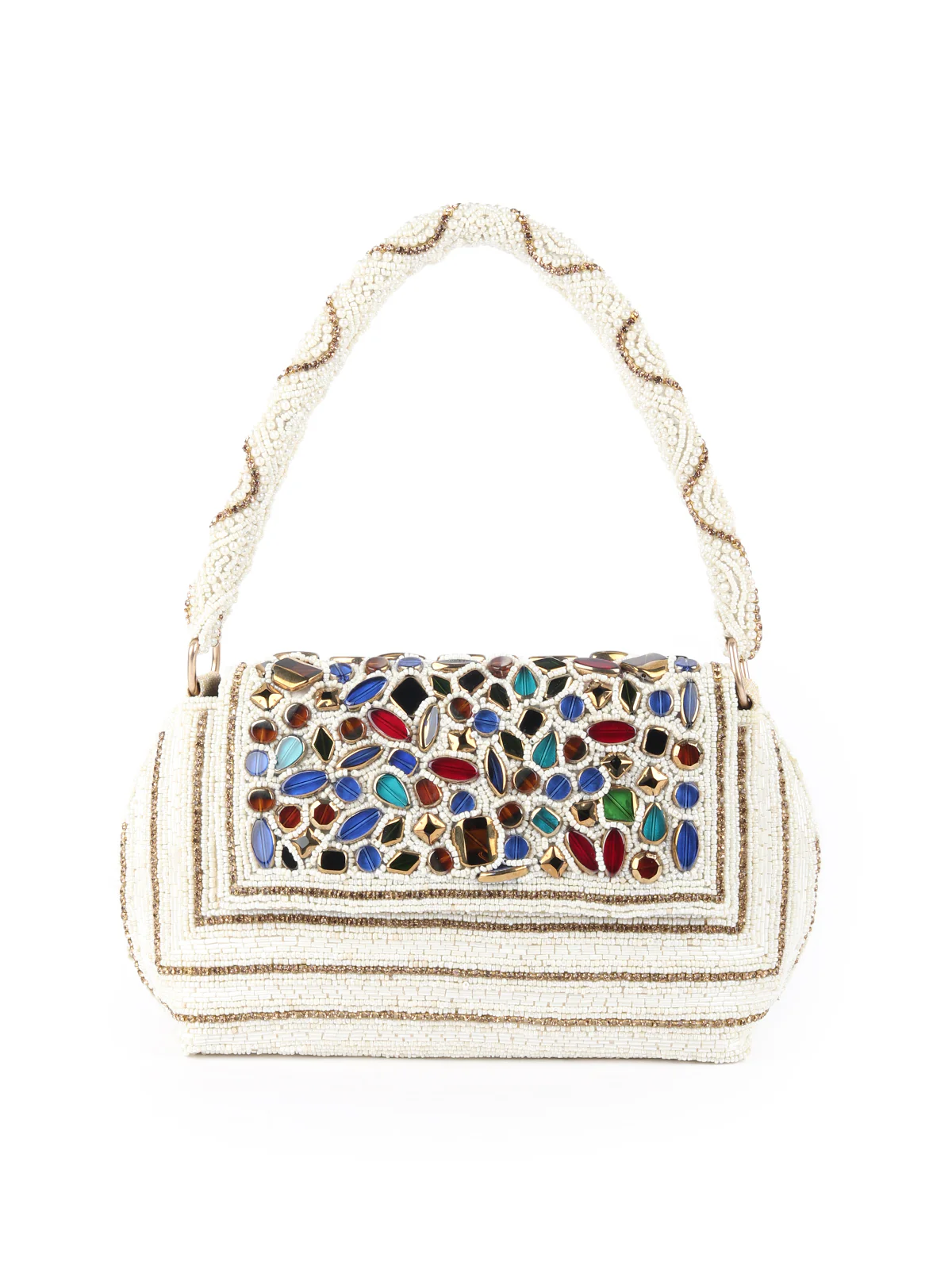 Odette White All Pearls Clutch With Multicolored Stones For Women - Image 3