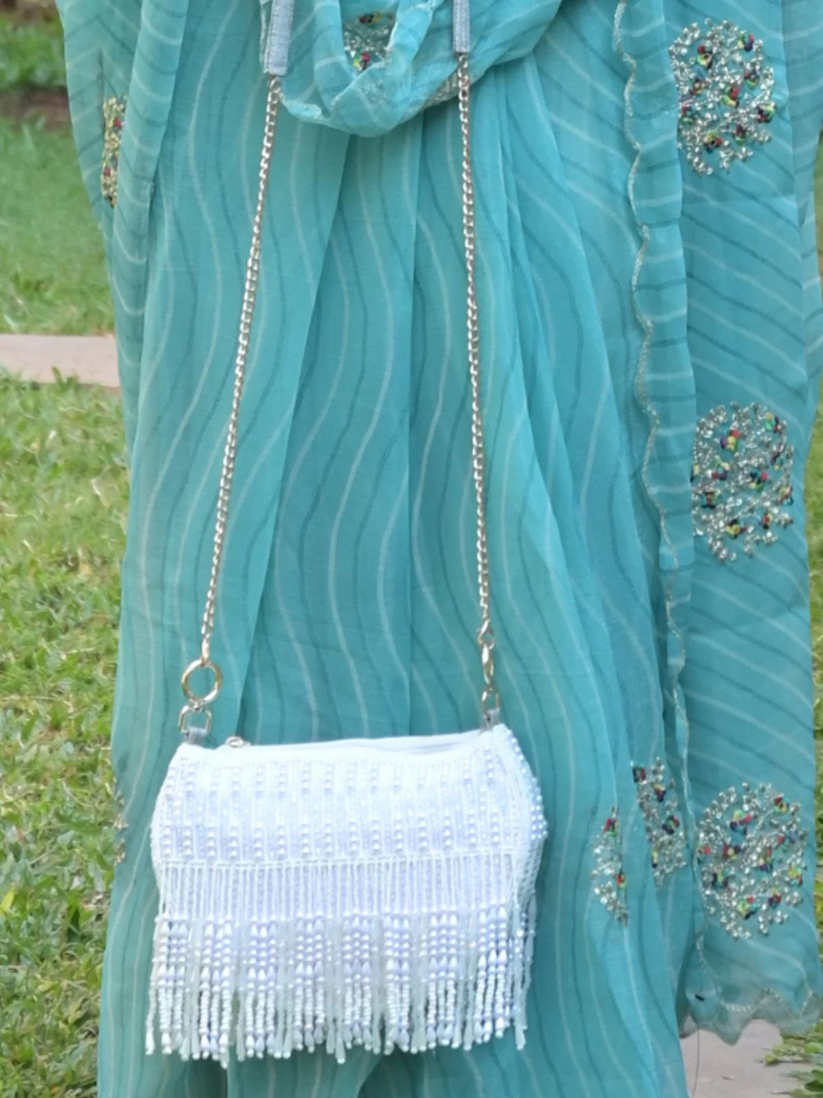 Odette White All-Pearls Tasseled Sling Bag For Women - Image 2