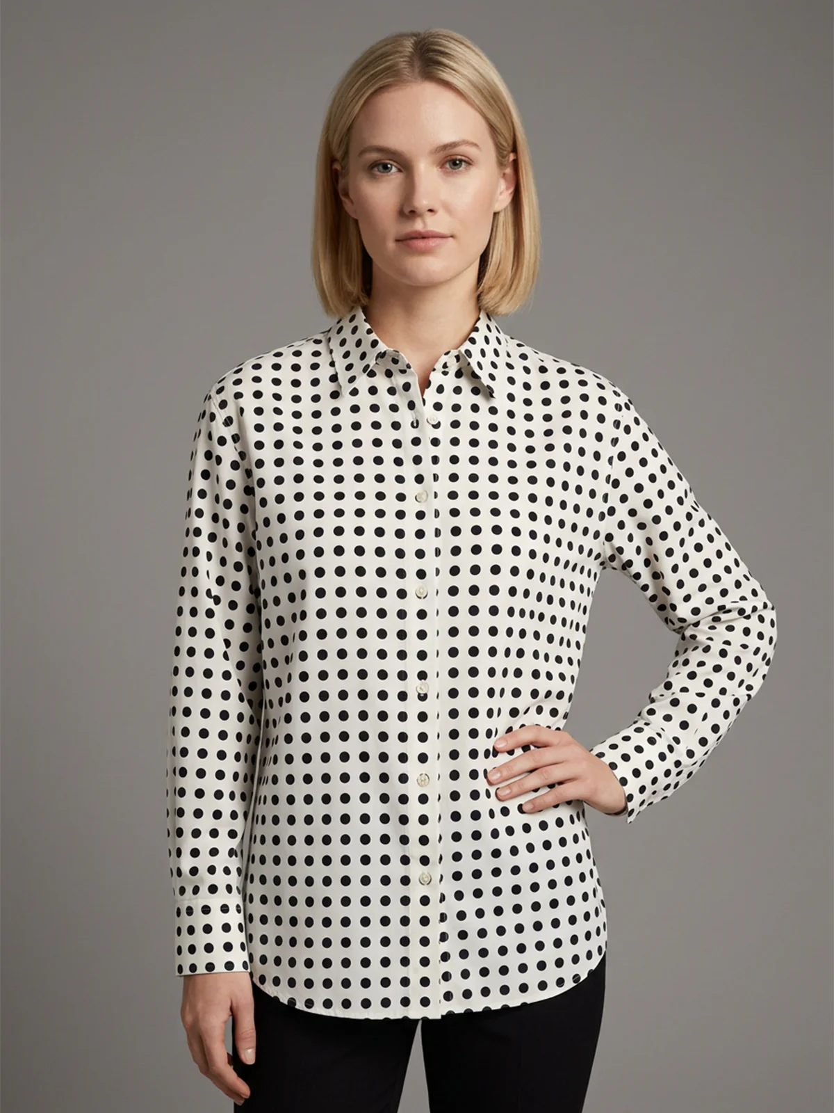 Odette White And Black Cotton Blend Polka Dots Shirt For Women