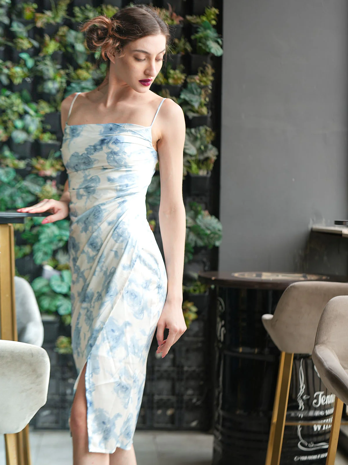 Odette White And Blue Printed Satin Slit Dress for Women - Image 3