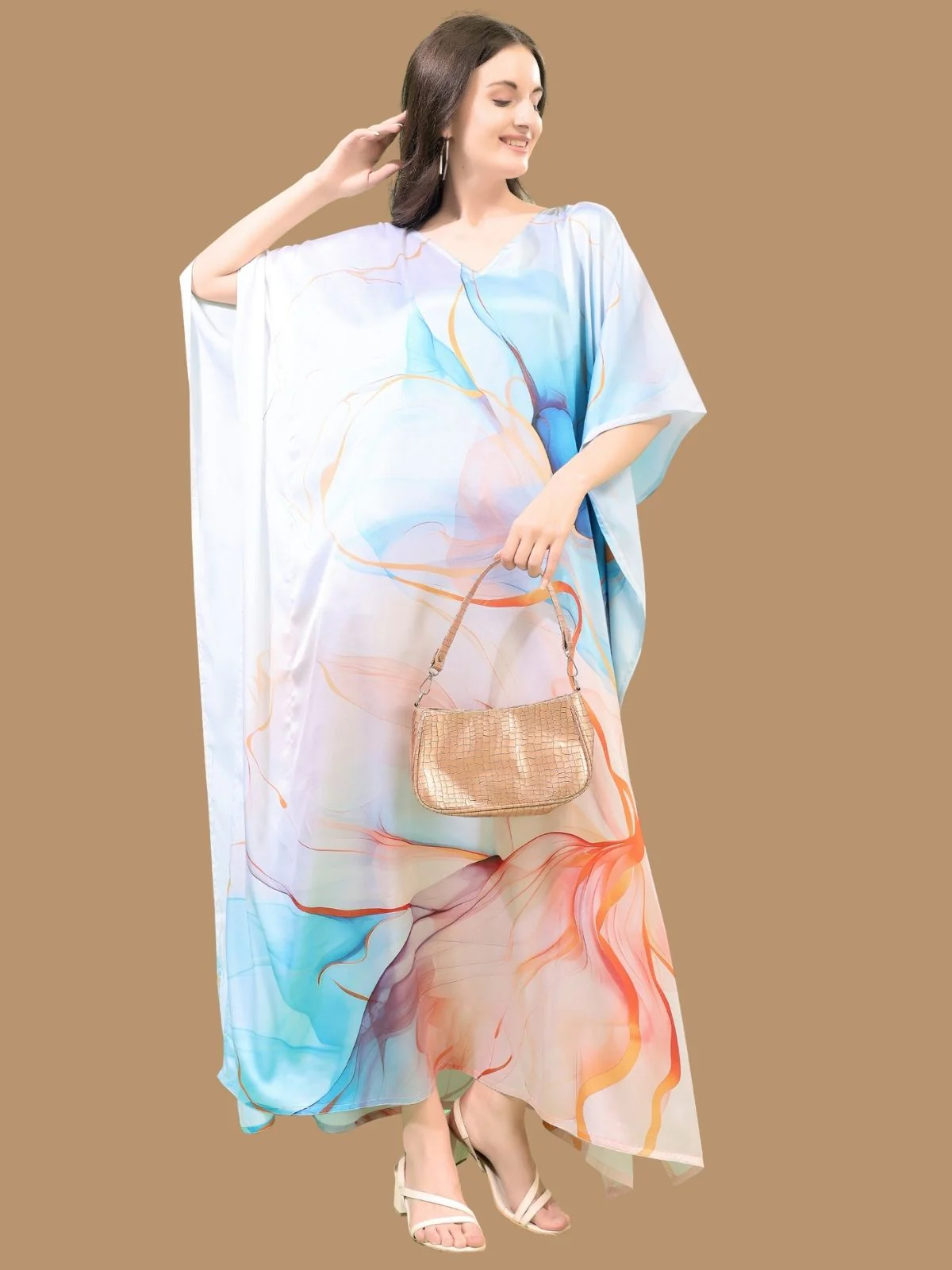 Odette White And Blue Satin Printed Kaftan For Women - Image 2
