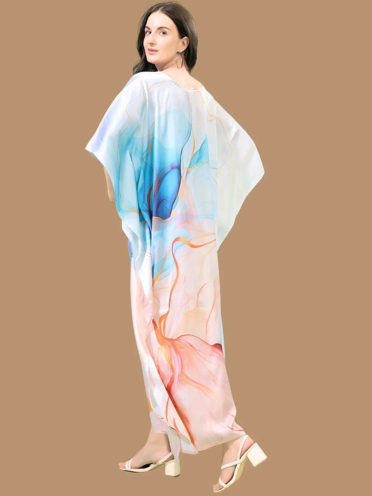 Odette White And Blue Satin Printed Kaftan For Women - Image 3