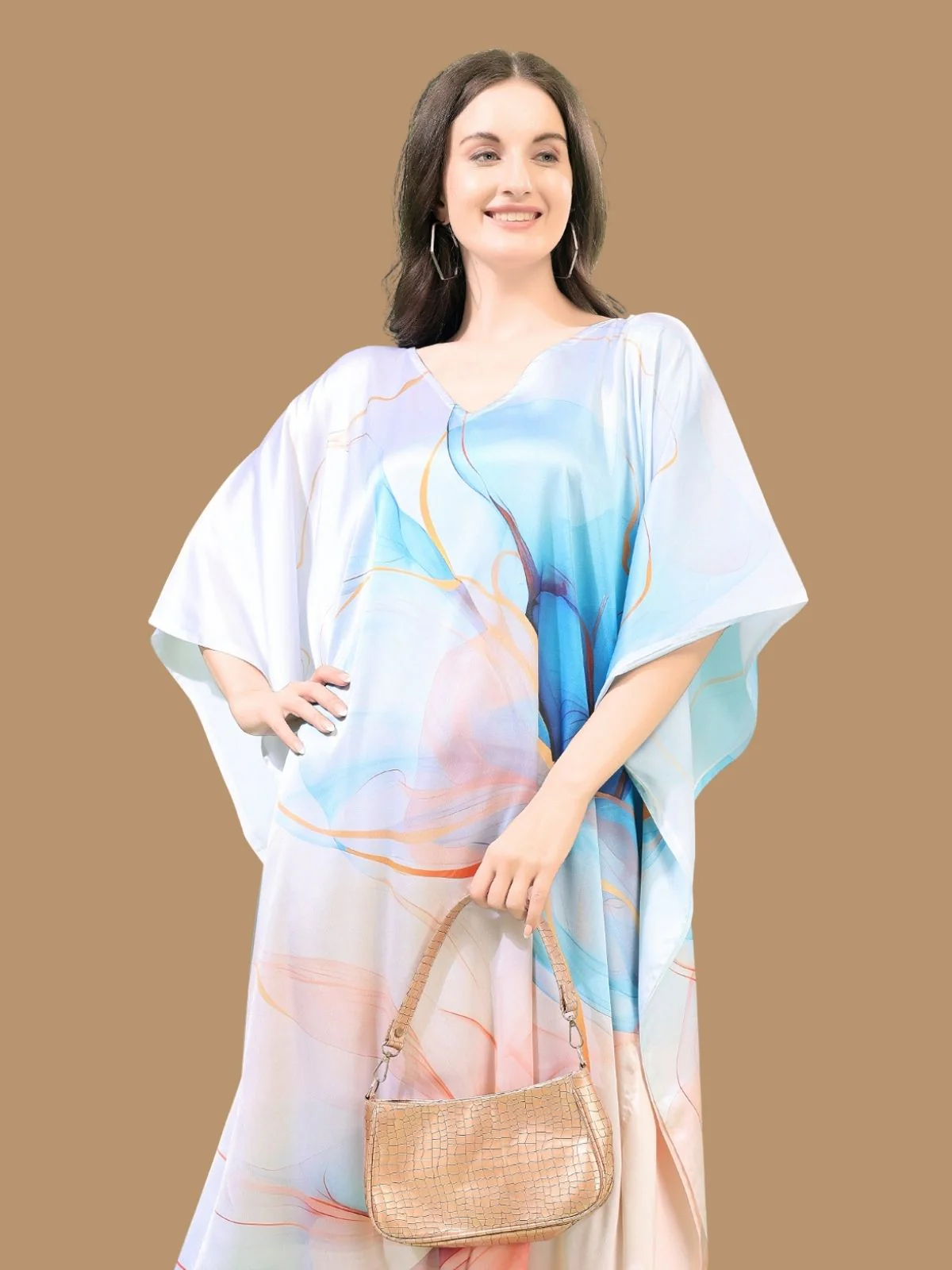 Odette White And Blue Satin Printed Kaftan For Women - Image 4