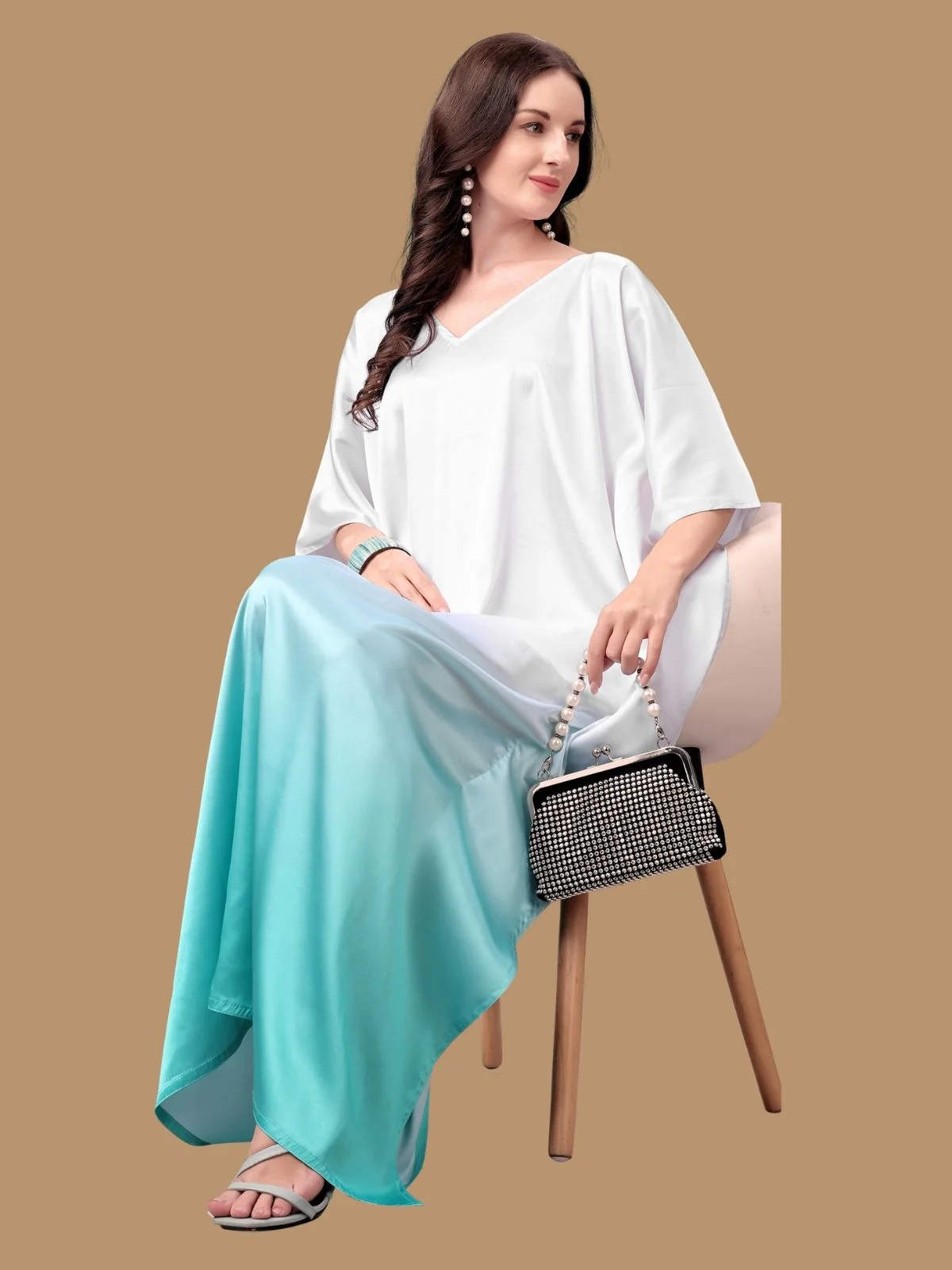 Odette White And Blue Satin Printed Kaftan For Women - Image 2