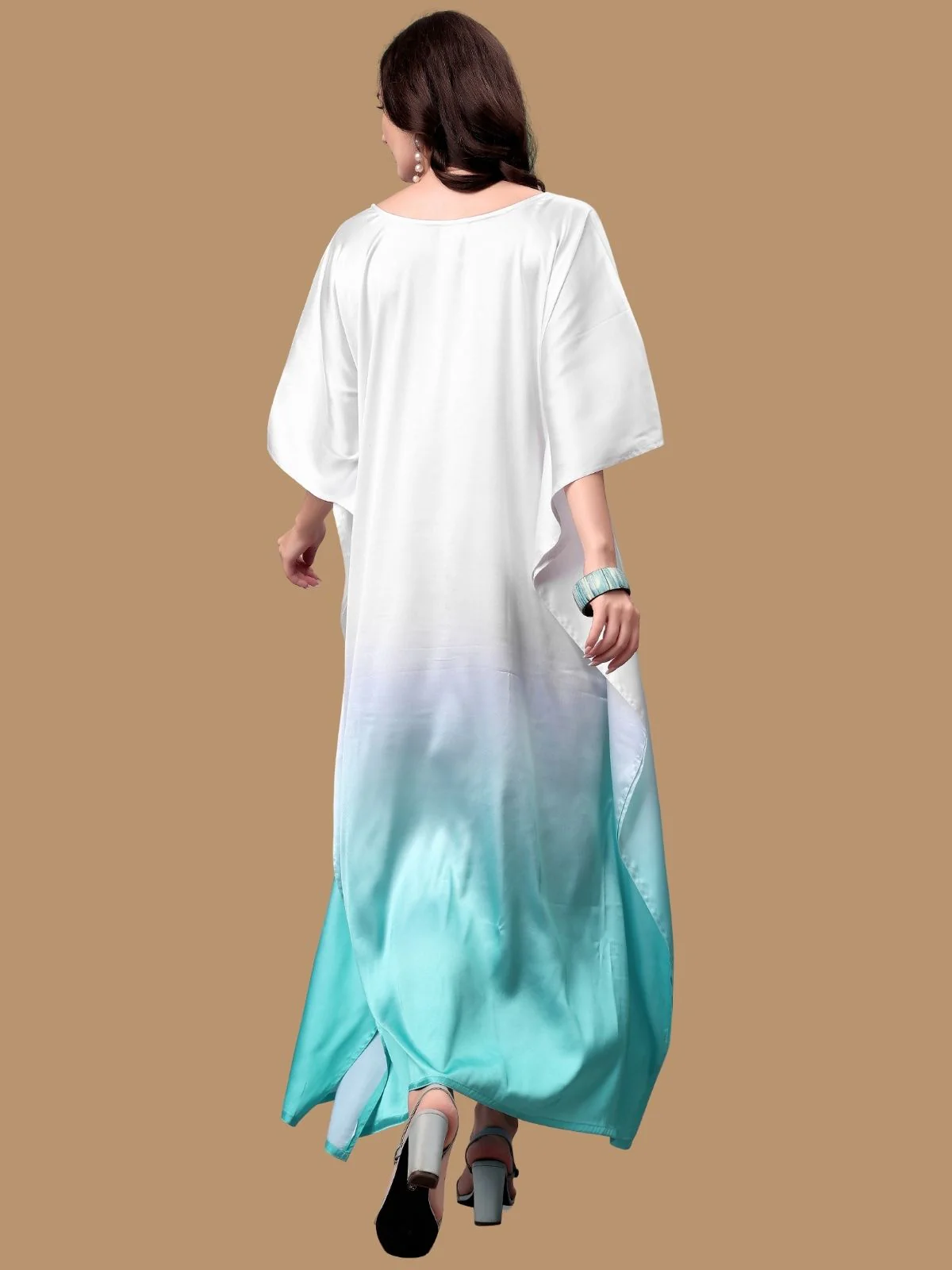Odette White And Blue Satin Printed Kaftan For Women - Image 3