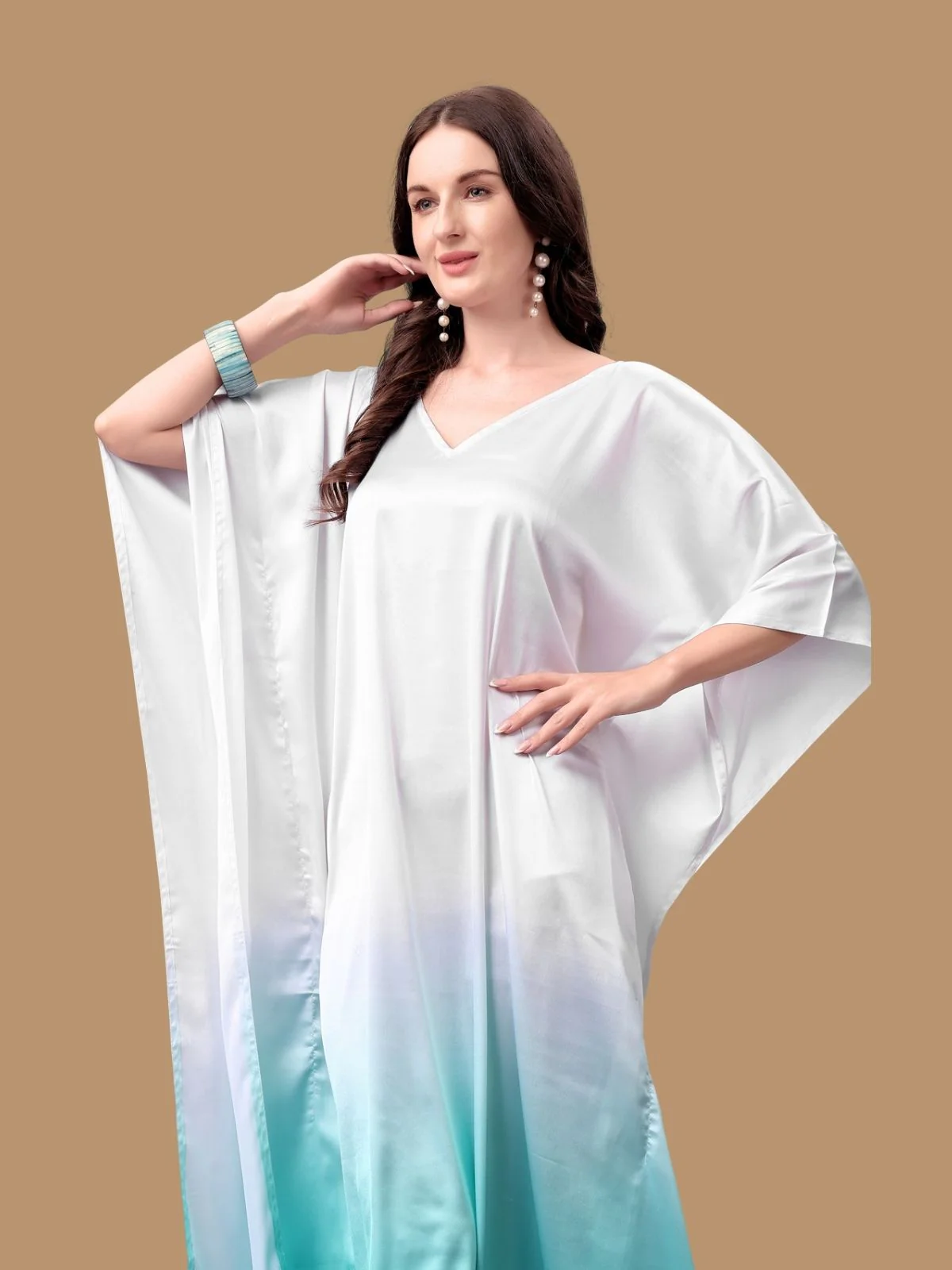 Odette White And Blue Satin Printed Kaftan For Women - Image 4