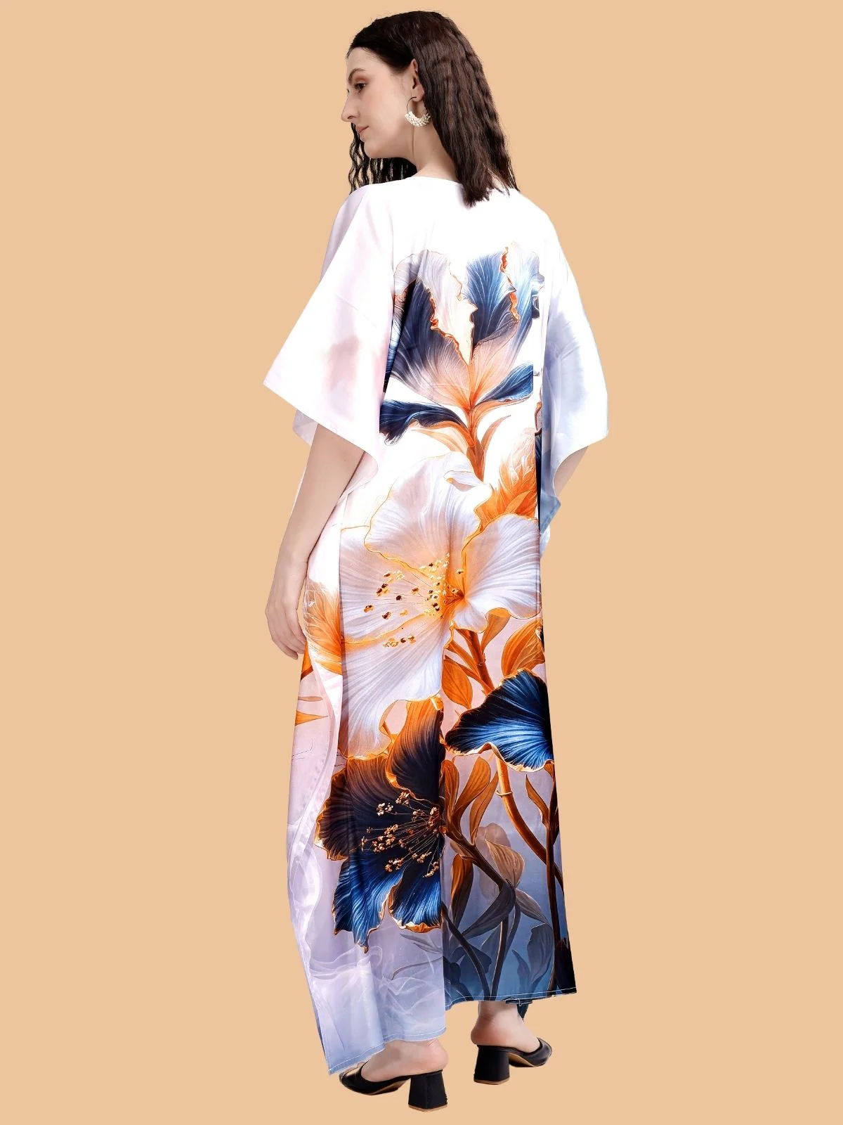 Odette White And Blue Satin Printed Kaftan For Women - Image 3