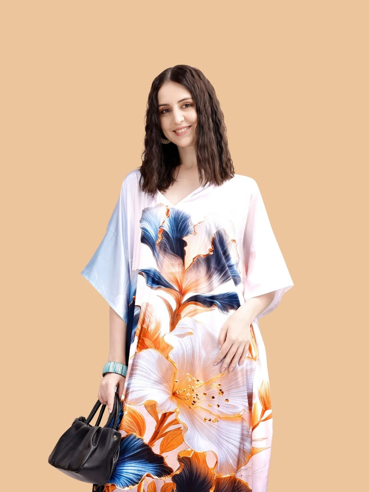 Odette White And Blue Satin Printed Kaftan For Women - Image 4