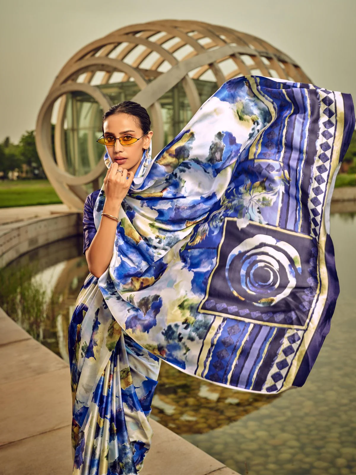 Odette White And Blue Satin Printed Saree With Unstitched Blouse For Women - Image 2
