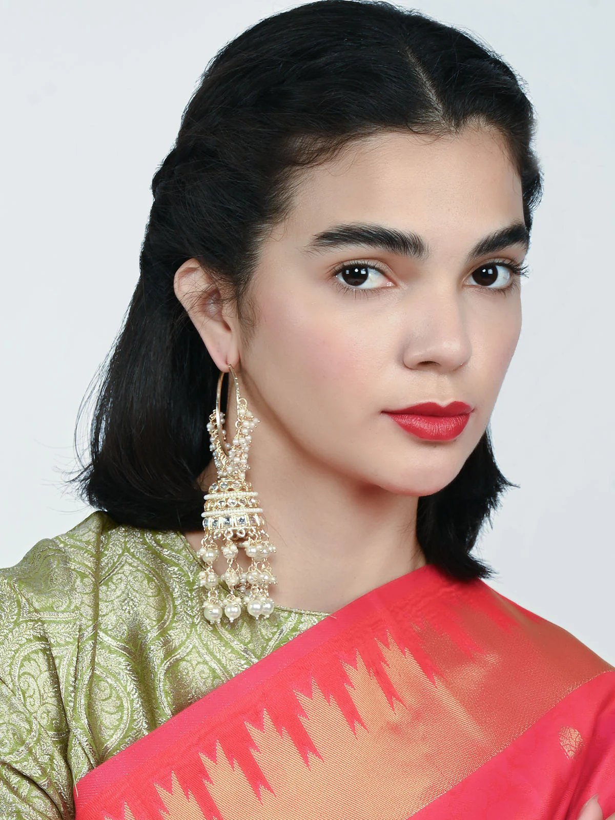 Odette White And Gold Alloy Embellished Earrings For Women - Image 6