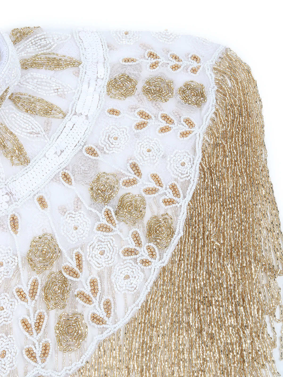 Odette White and Gold Beads Embellished Tassels Cape for Women - Image 5