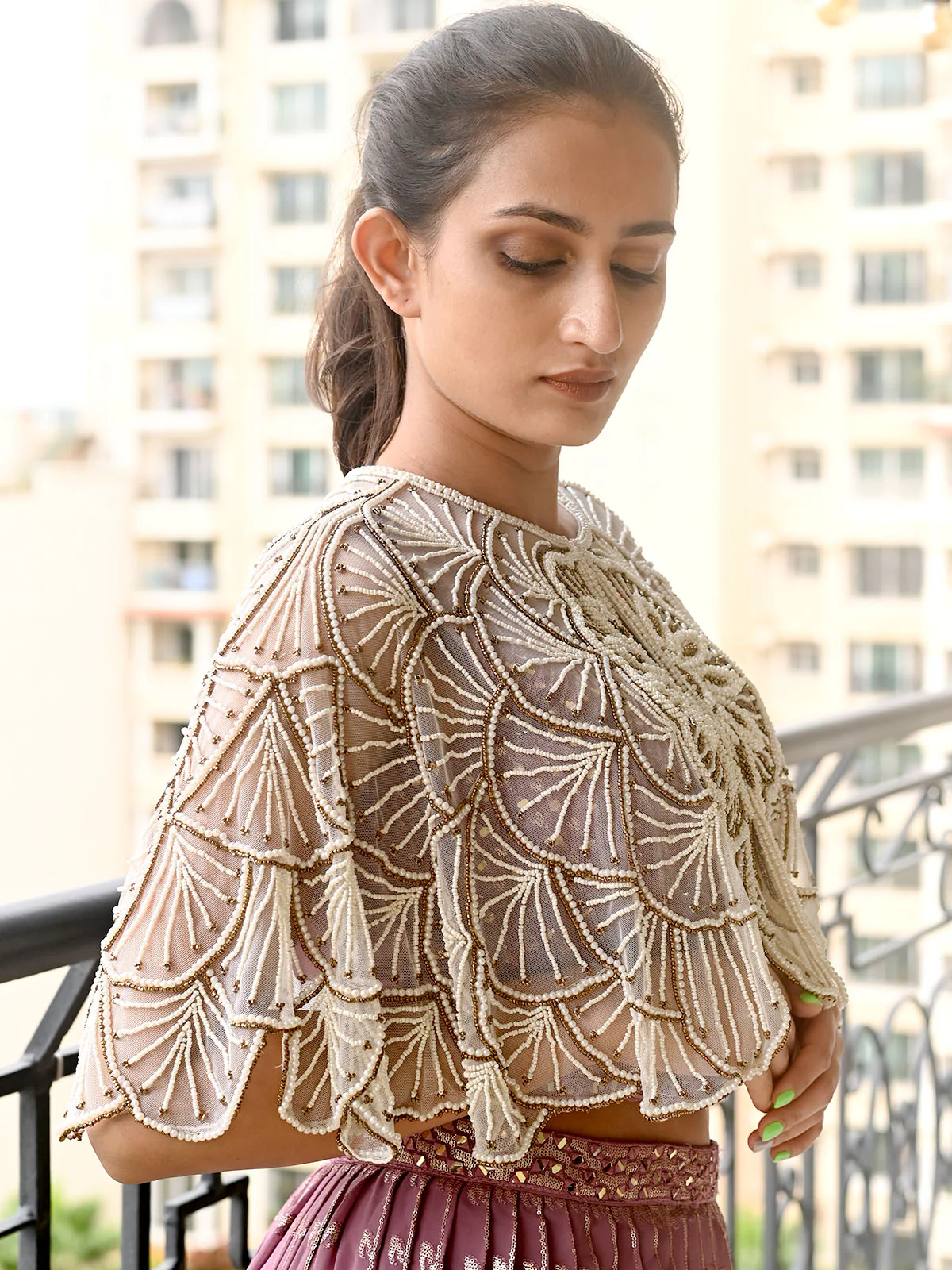 Odette White and Gold Sequins And Beads Net Cape for Women - Image 2