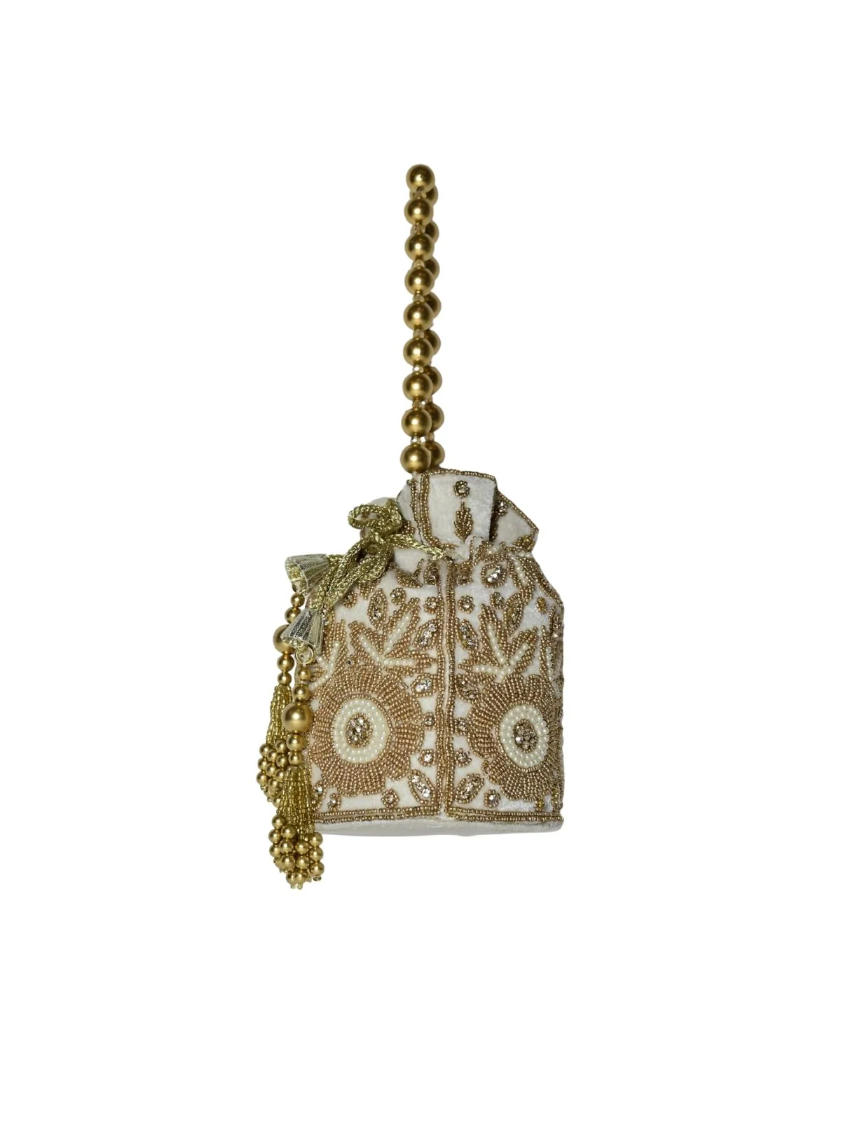Odette White And Golden Suede Embellished Potli For Women - Image 5