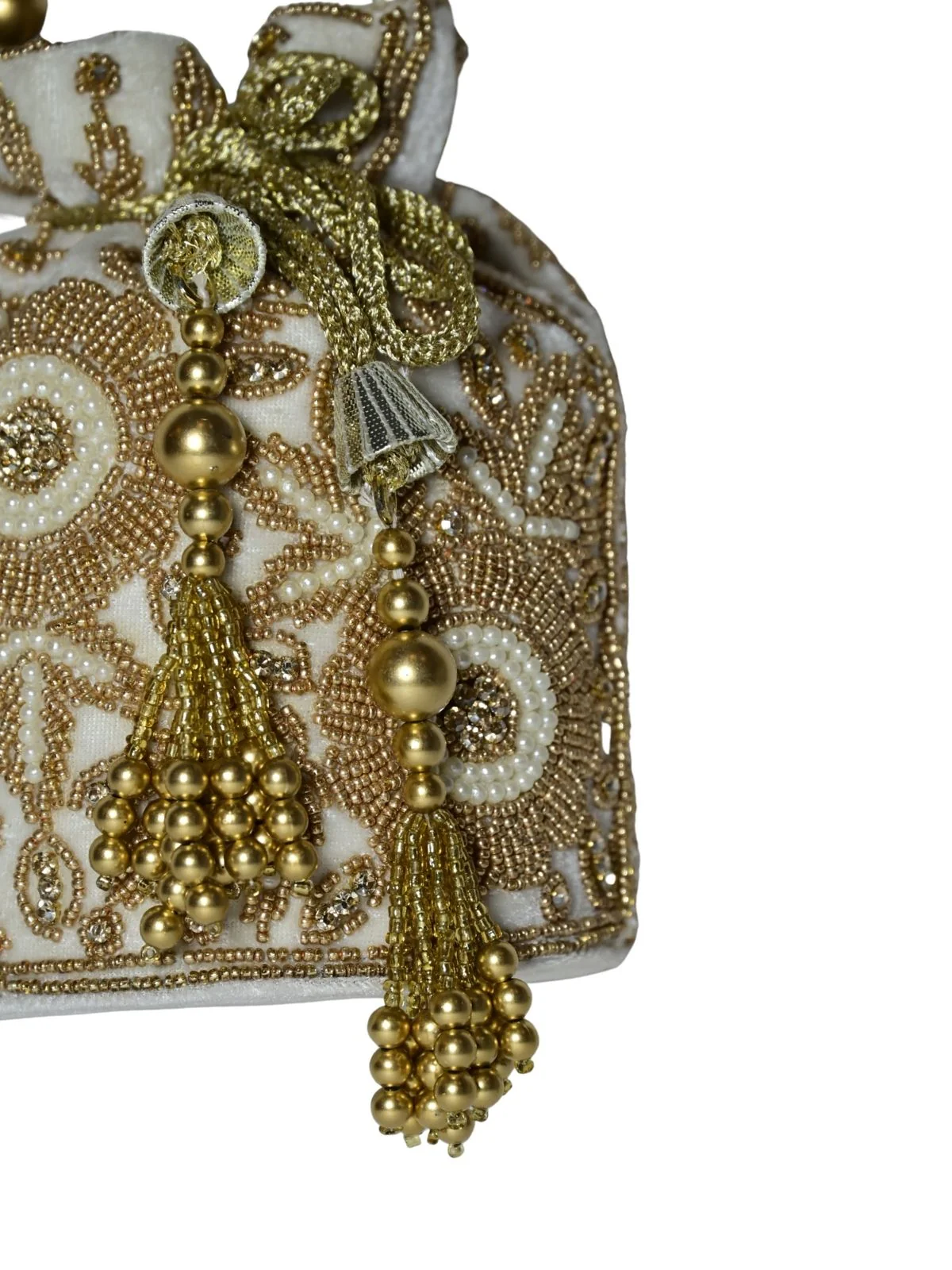 Odette White And Golden Suede Embellished Potli For Women - Image 7