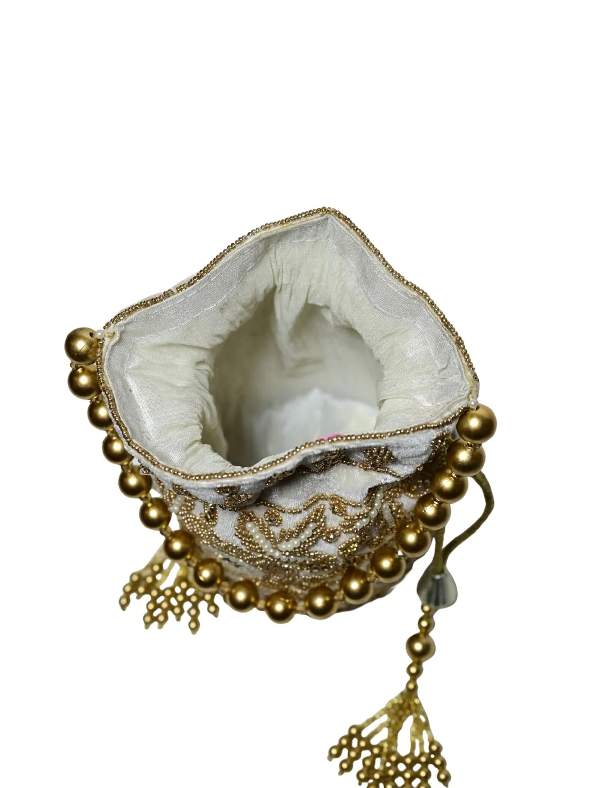 Odette White And Golden Suede Embellished Potli For Women - Image 8