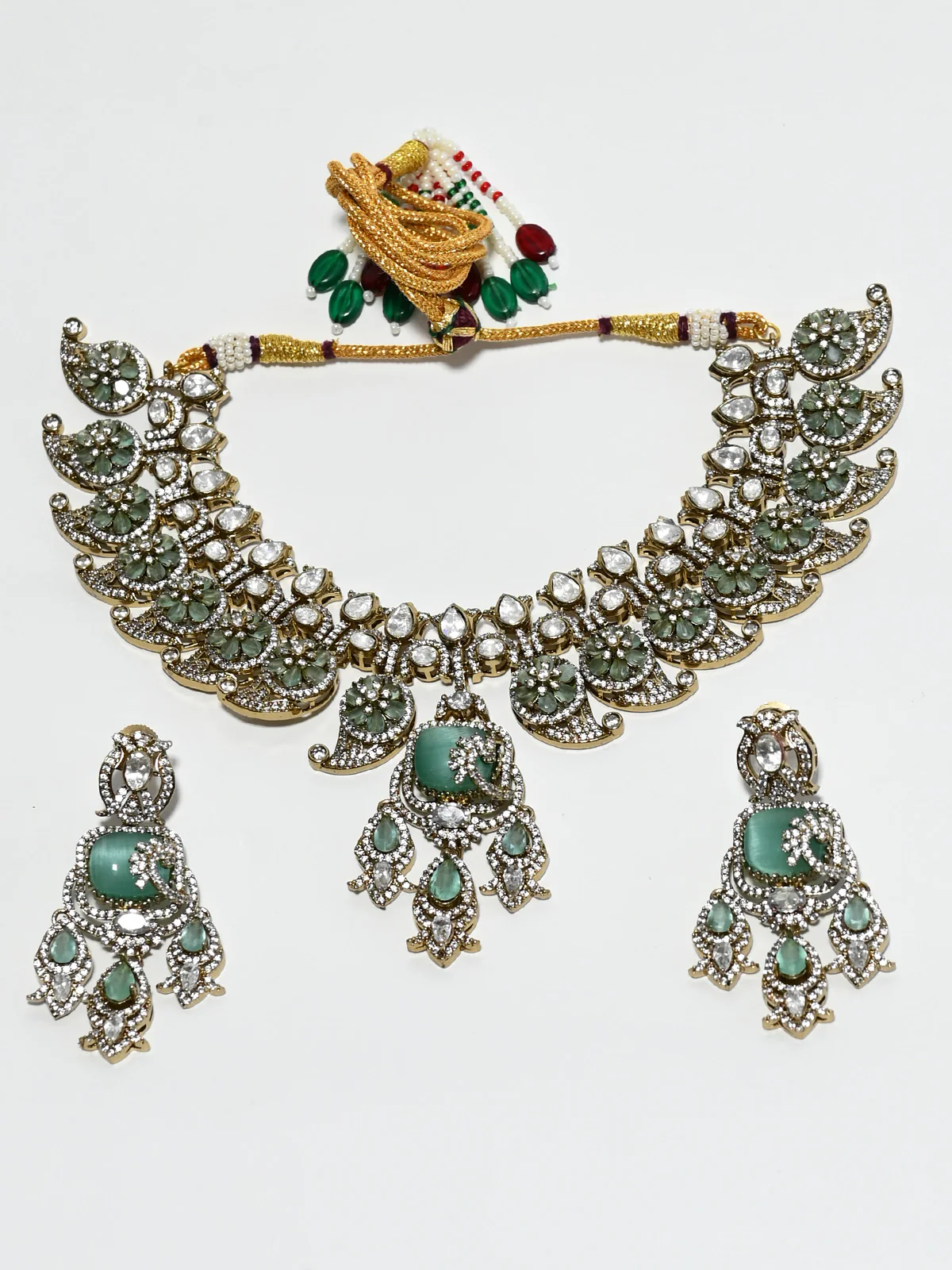 Odette White And Green Alloy Stone Jewellery Set For Women - Image 2