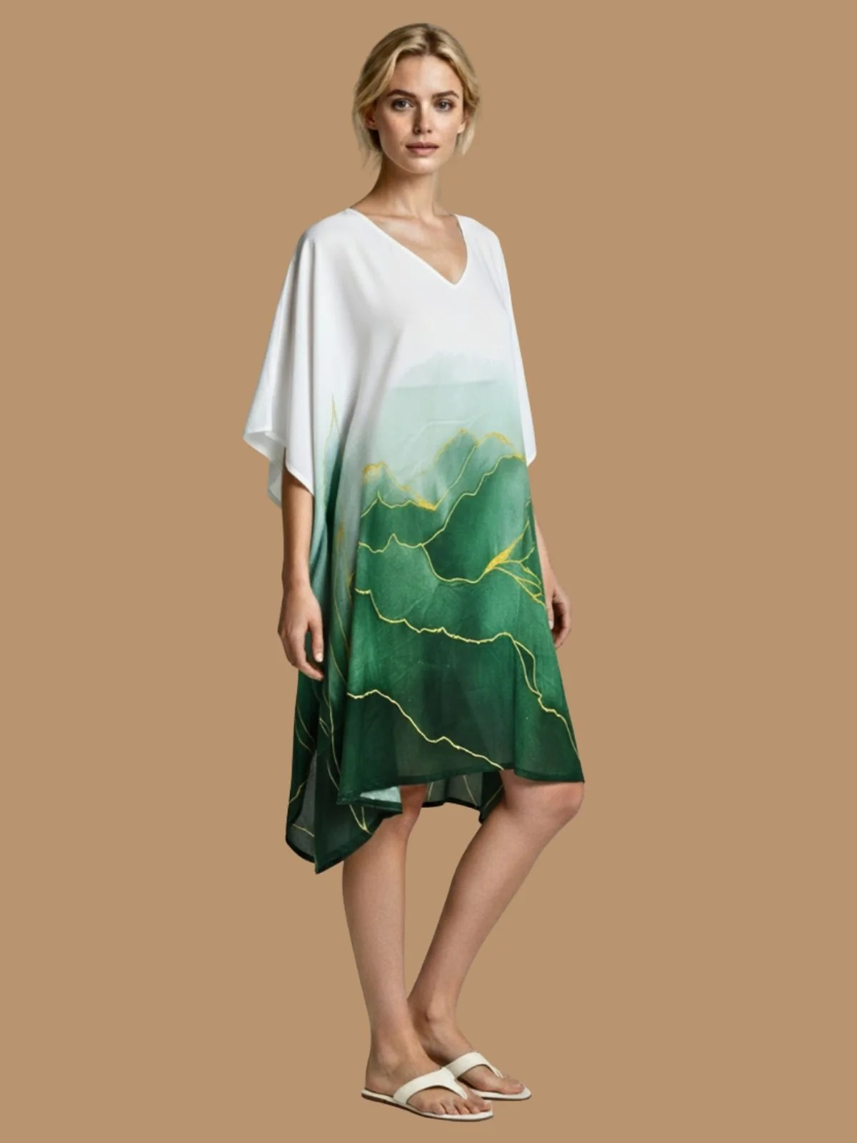 Odette White And Green Cotton Blend Printed Kaftan For Women - Image 2