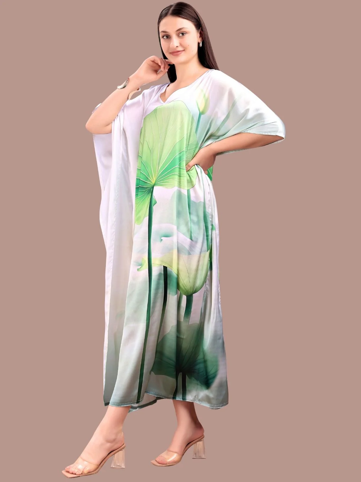 Odette White And Green Satin Printed Kaftan For Women - Image 2