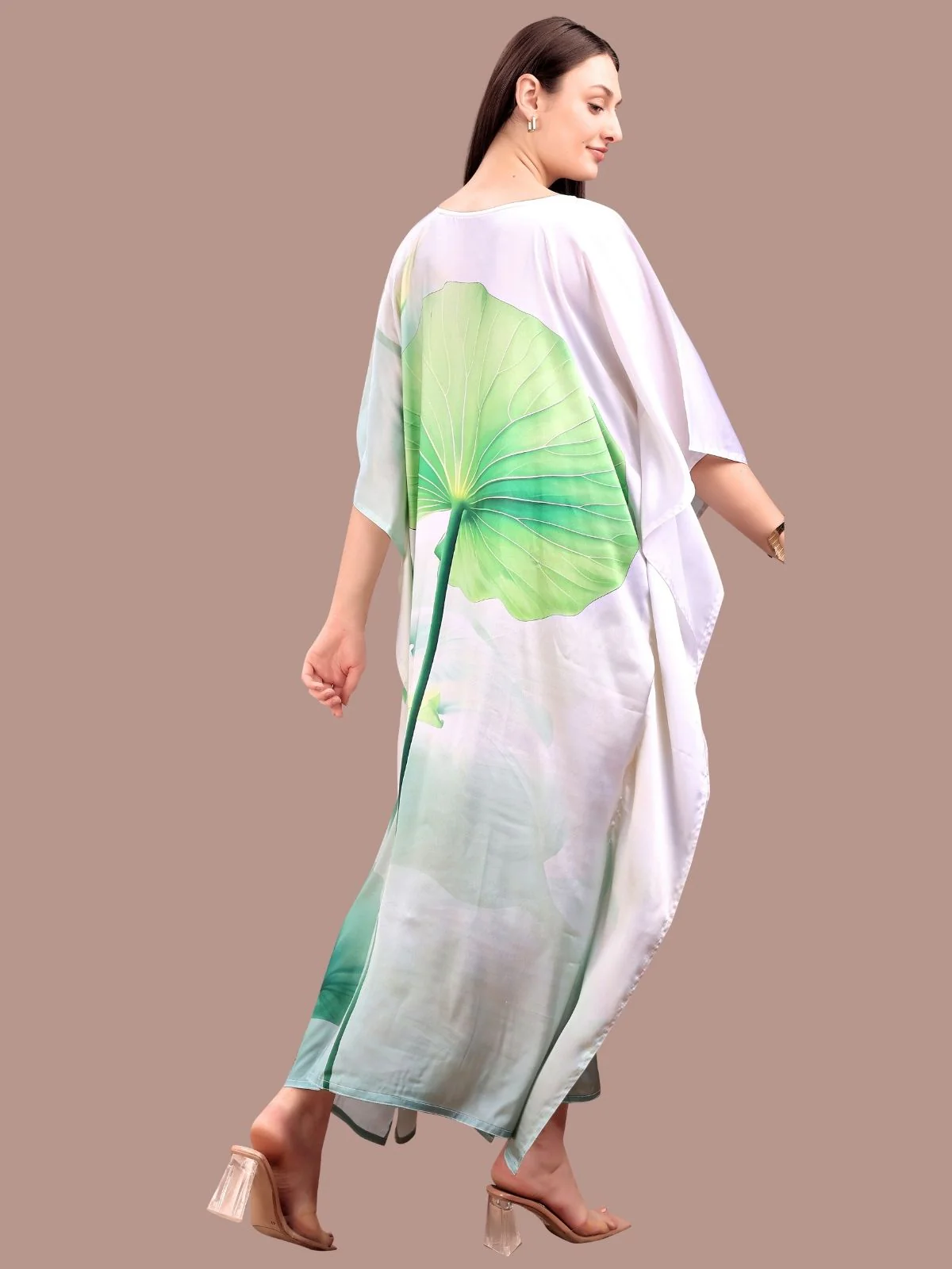 Odette White And Green Satin Printed Kaftan For Women - Image 3