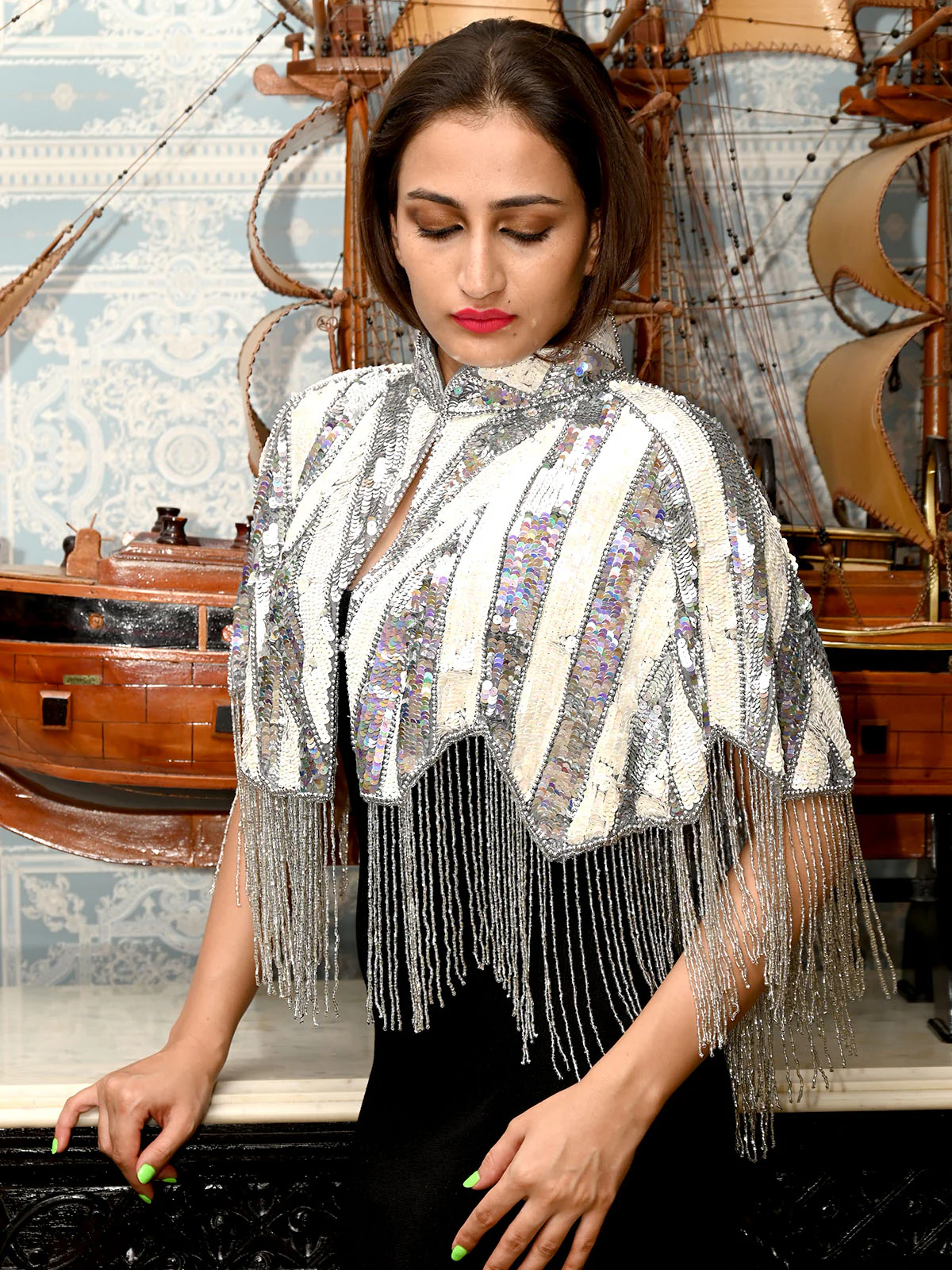 Odette White And Grey Embroidered  Beads Cape For Women - Image 2