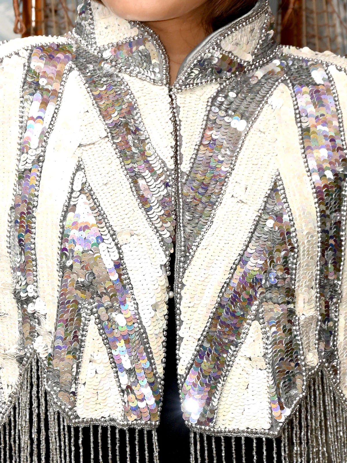 Odette White And Grey Embroidered  Beads Cape For Women - Image 4