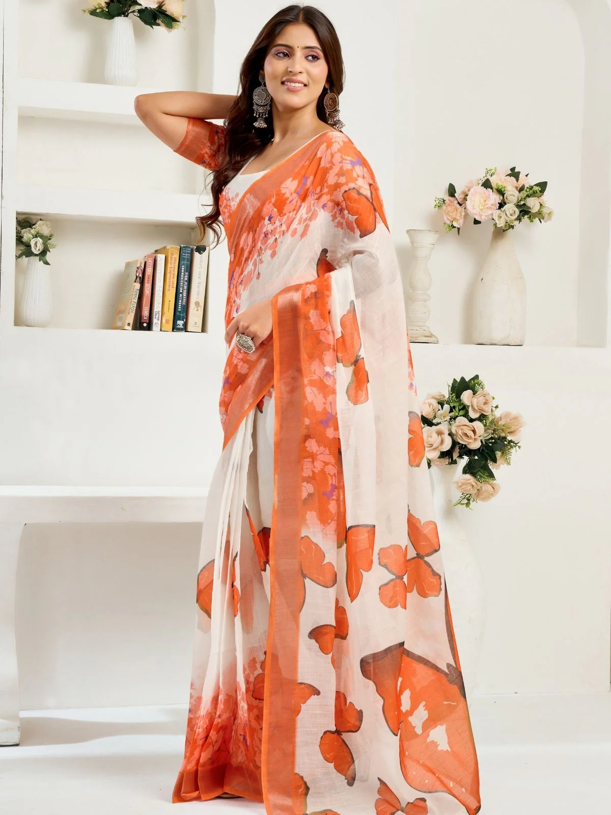 Odette White And Orange Cotton Linen Zari Work Saree For Women - Image 3