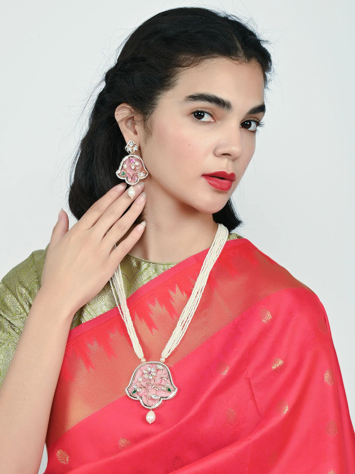 Odette White And Pink Alloy Beaded Pearl Jewellery Set For Women - Image 2