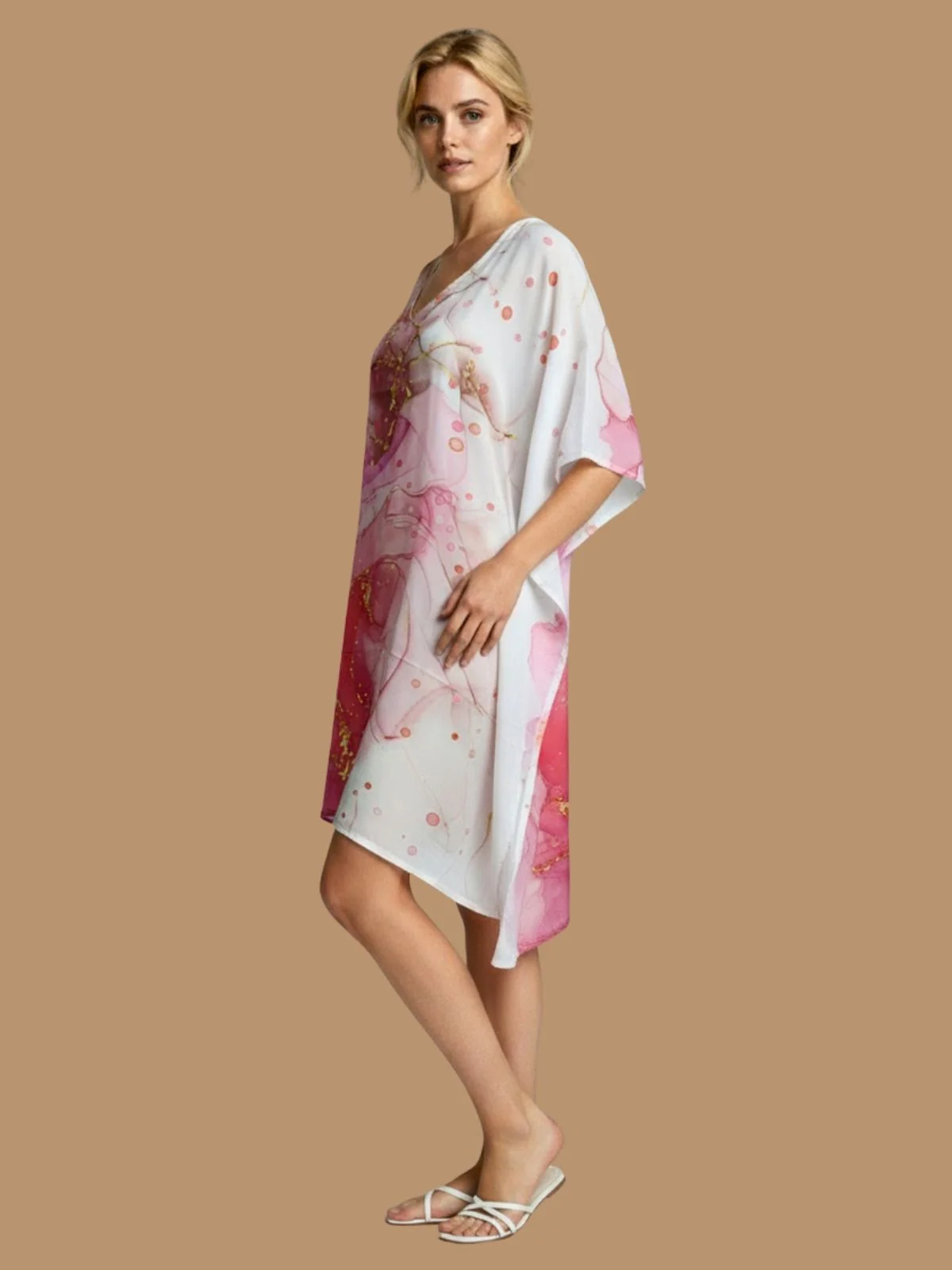 Odette White And Pink Cotton Blend Printed Kaftan For Women - Image 2