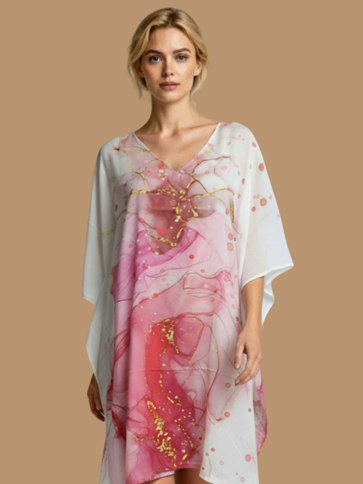 Odette White And Pink Cotton Blend Printed Kaftan For Women - Image 4