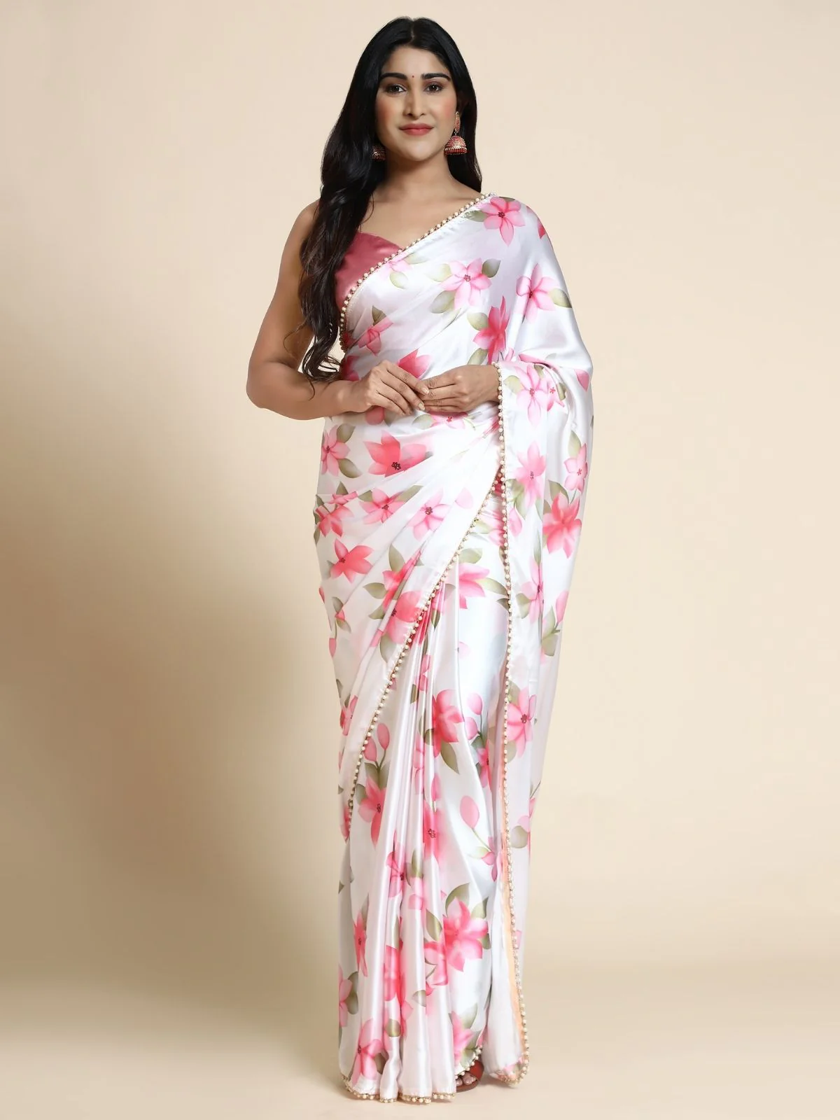 Odette White And Pink Satin Printed Saree With Unstitched Blouse For Women - Image 2