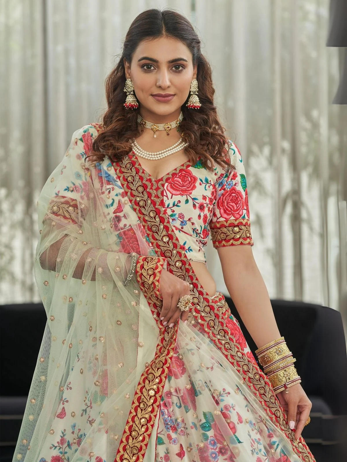 Odette White And Red Art Silk Printed Semi Stitched Lehenga With Unstitched Blouse For Women - Image 3