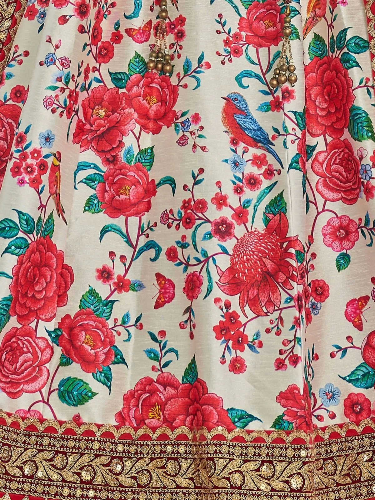 Odette White And Red Art Silk Printed Semi Stitched Lehenga With Unstitched Blouse For Women - Image 5